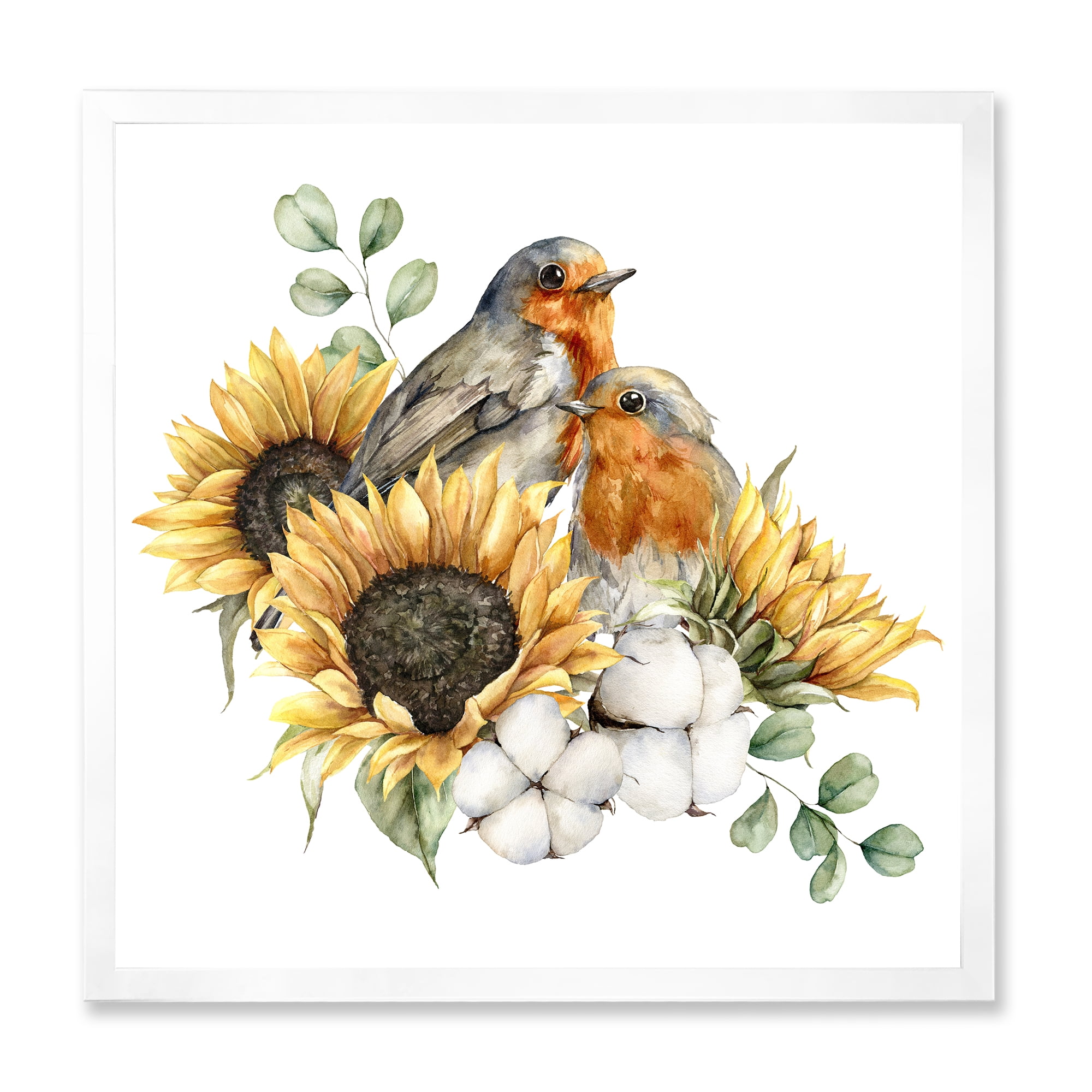 Designart 'Autumn Bouquet With Robin Redbreasts Sunflowers Cotton' Traditional Framed Art Print