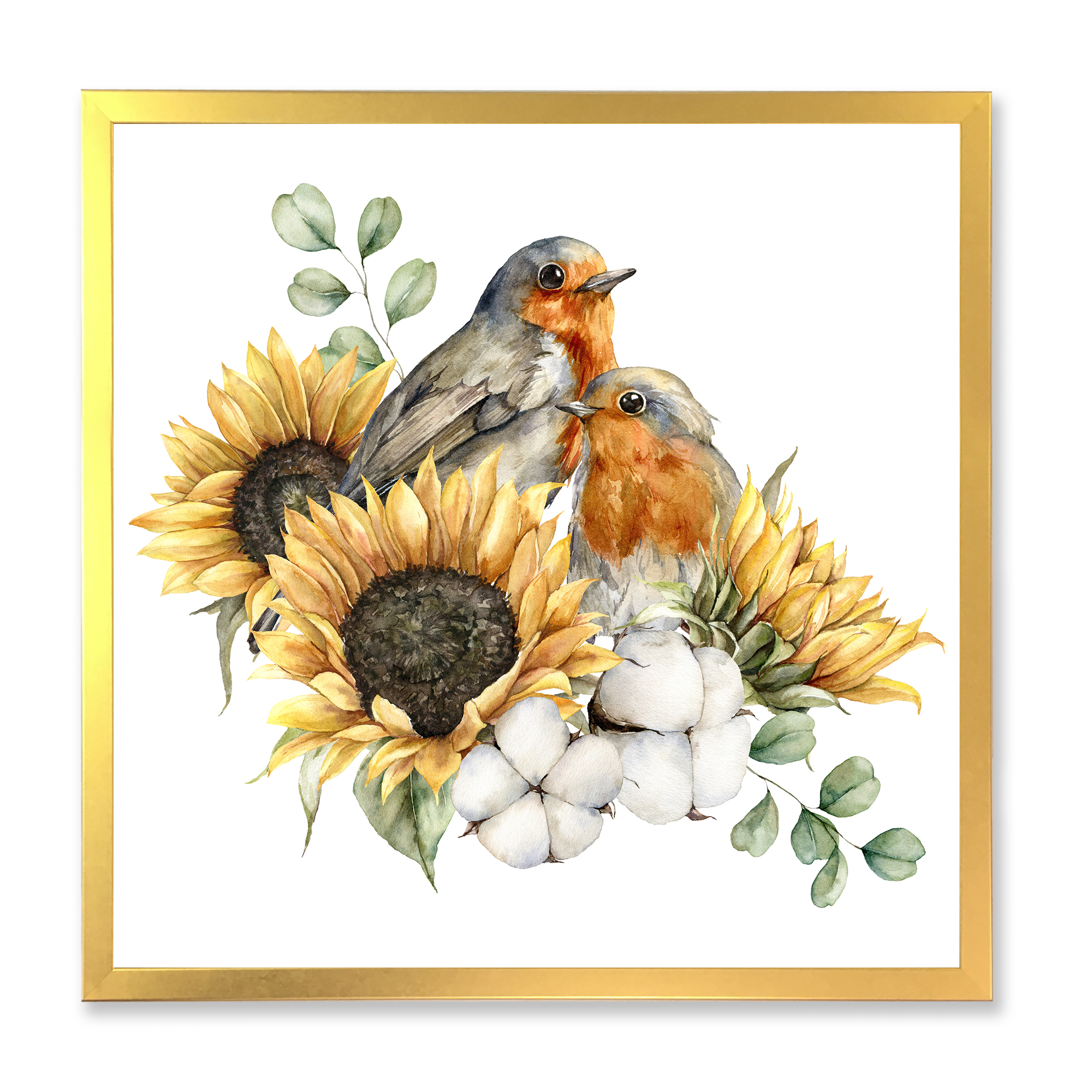 Designart 'Autumn Bouquet With Robin Redbreasts Sunflowers Cotton' Traditional Framed Art Print