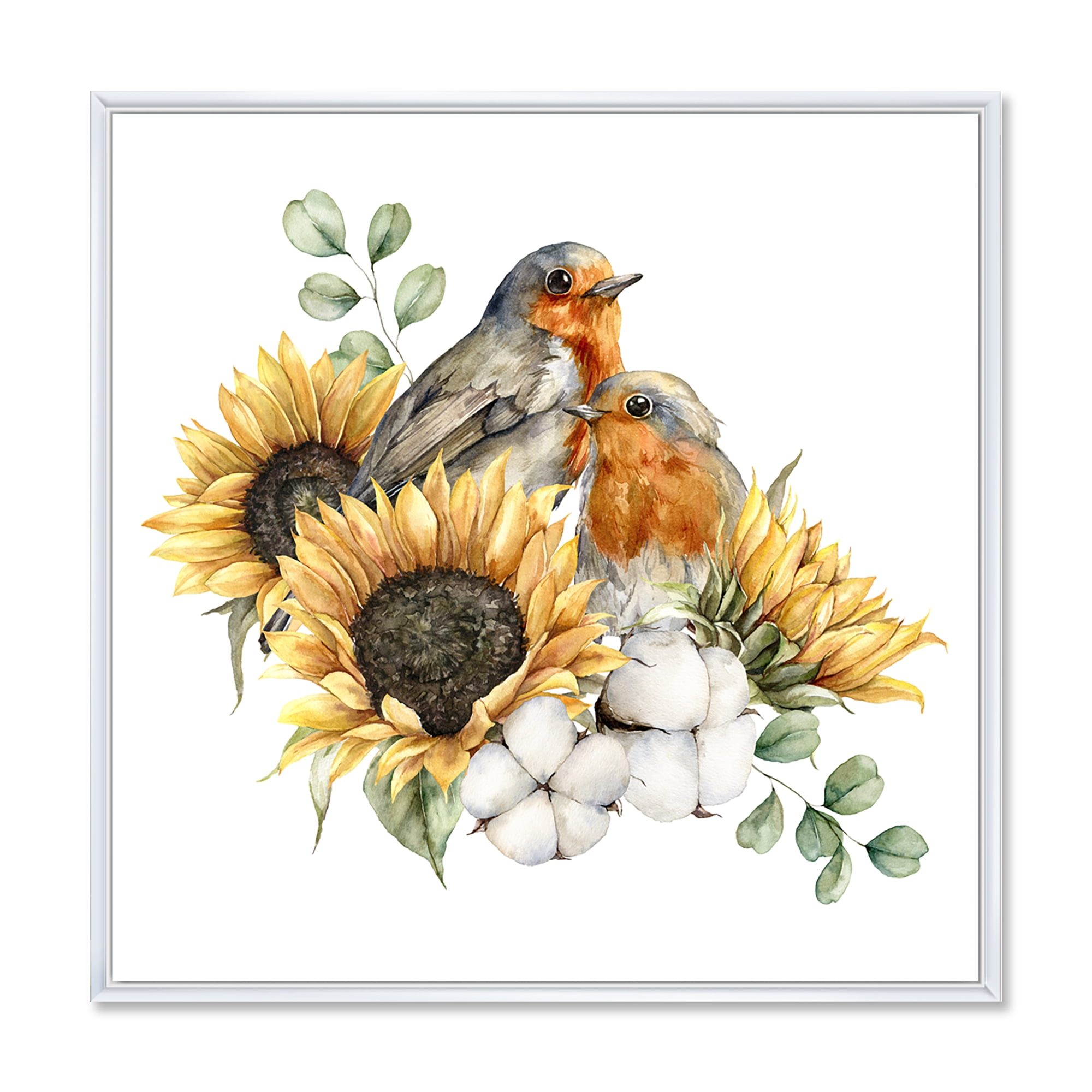 Designart 'Autumn Bouquet With Robin Redbreasts Sunflowers Cotton' Traditional Framed Canvas Wall Art Print