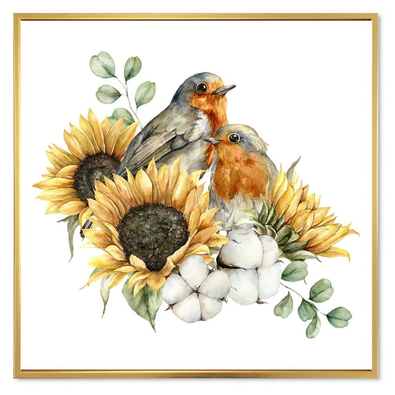 Designart 'Autumn Bouquet With Robin Redbreasts Sunflowers Cotton' Traditional Framed Canvas Wall Art Print