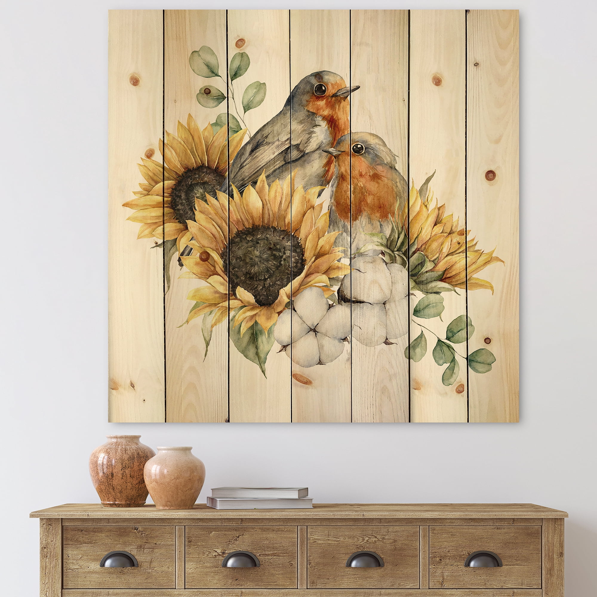 Designart 'Autumn Bouquet With Robin Redbreasts Sunflowers Cotton' Traditional Print on Natural Pine Wood