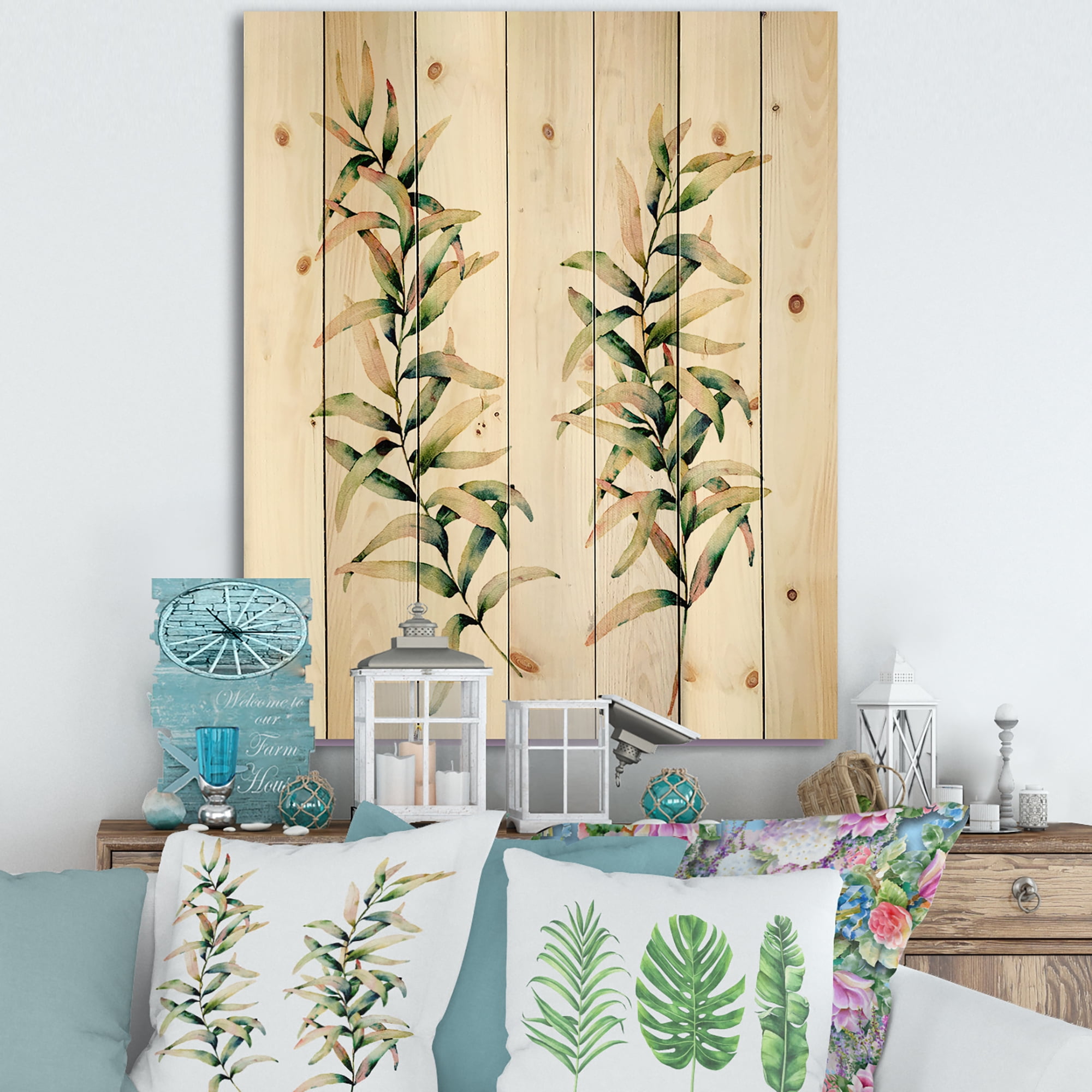 Designart 'Autumn Branches of Grass ' Traditional Print on Natural Pine Wood