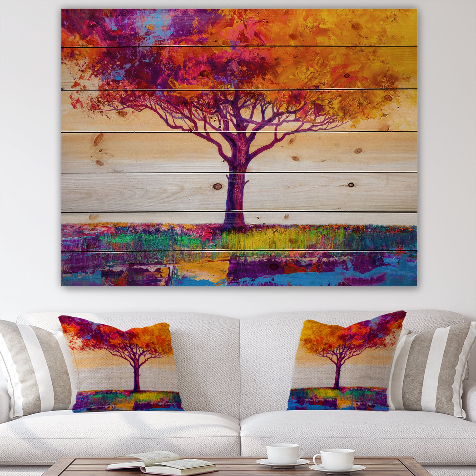 Designart 'Autumn Colored Treescape Forest XI' Farmhouse Print on Natural Pine Wood