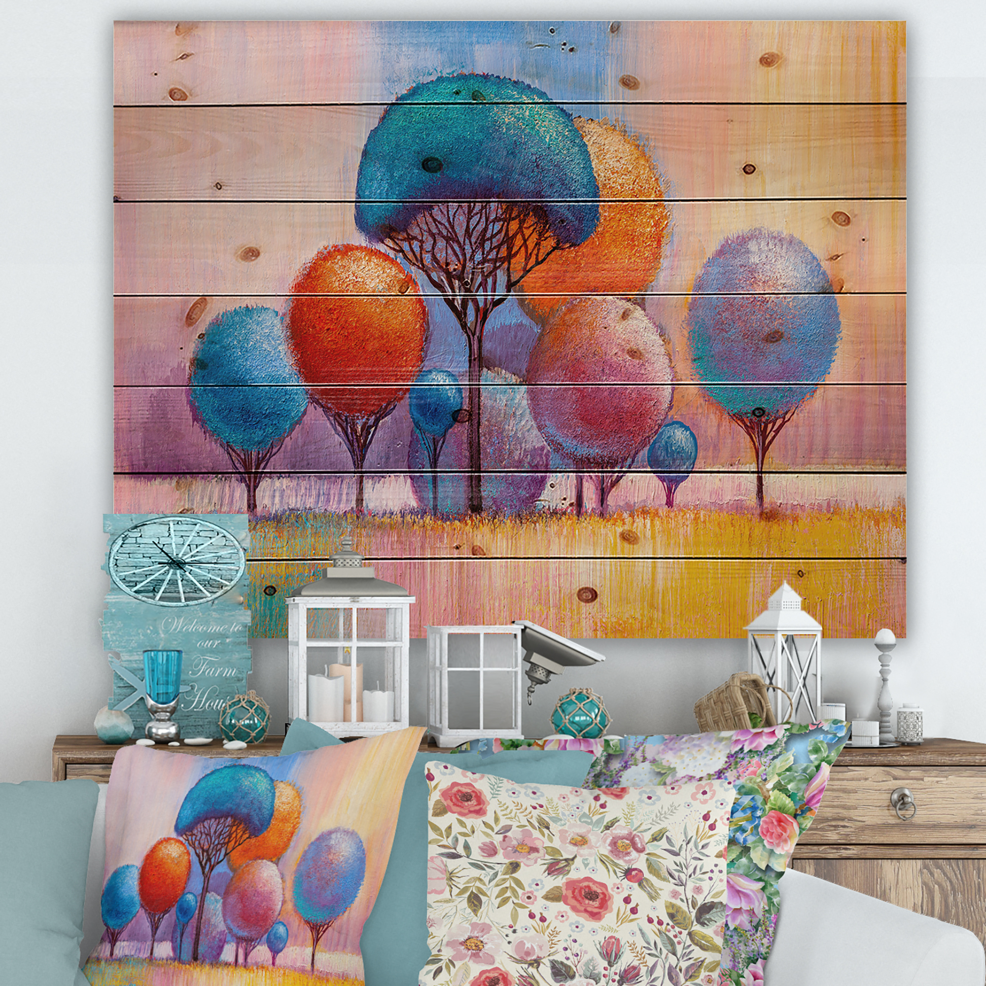Designart 'Autumn Colorful Fantasy Trees II' Modern Print on Natural Pine Wood