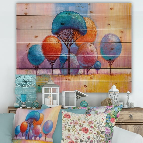 Designart 'Autumn Colorful Fantasy Trees II' Modern Print on Natural Pine Wood