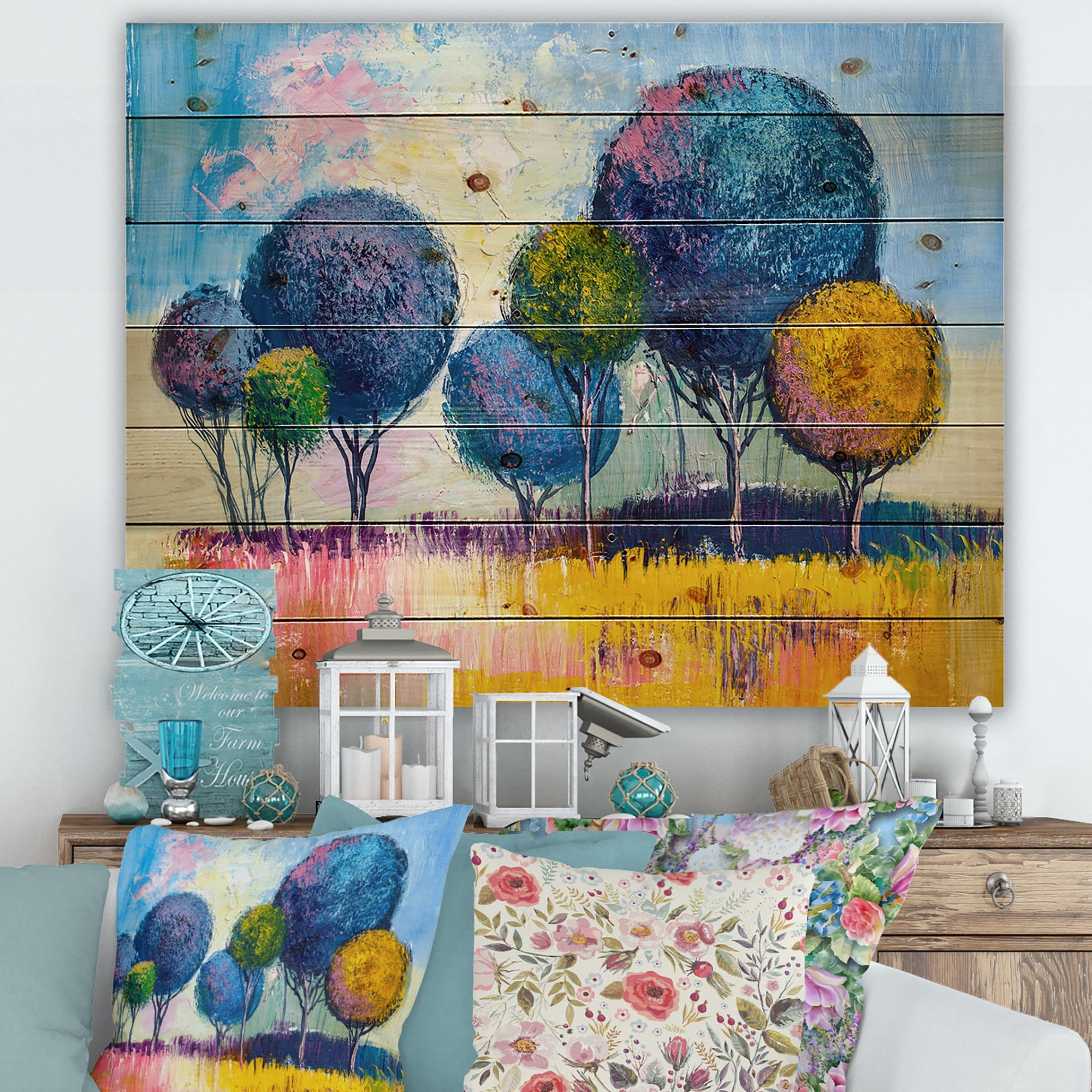 Designart 'Autumn Colorful Fantasy Trees III' Modern Print on Natural Pine Wood
