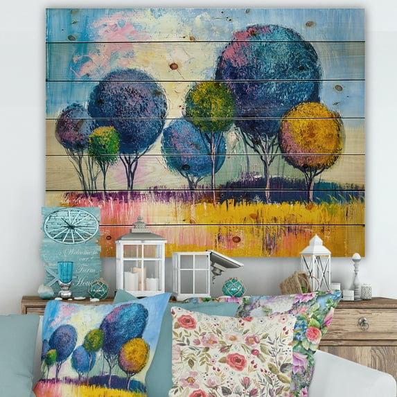 Designart 'Autumn Colorful Fantasy Trees III' Modern Print on Natural Pine Wood