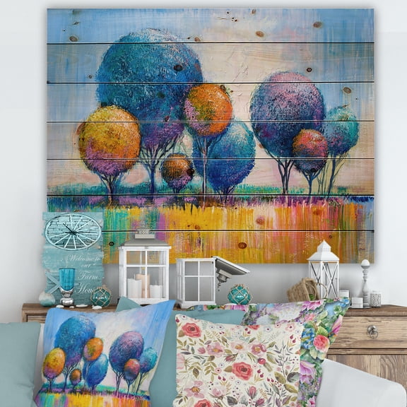 Designart 'Autumn Colorful Fantasy Trees IV' Modern Print on Natural Pine Wood
