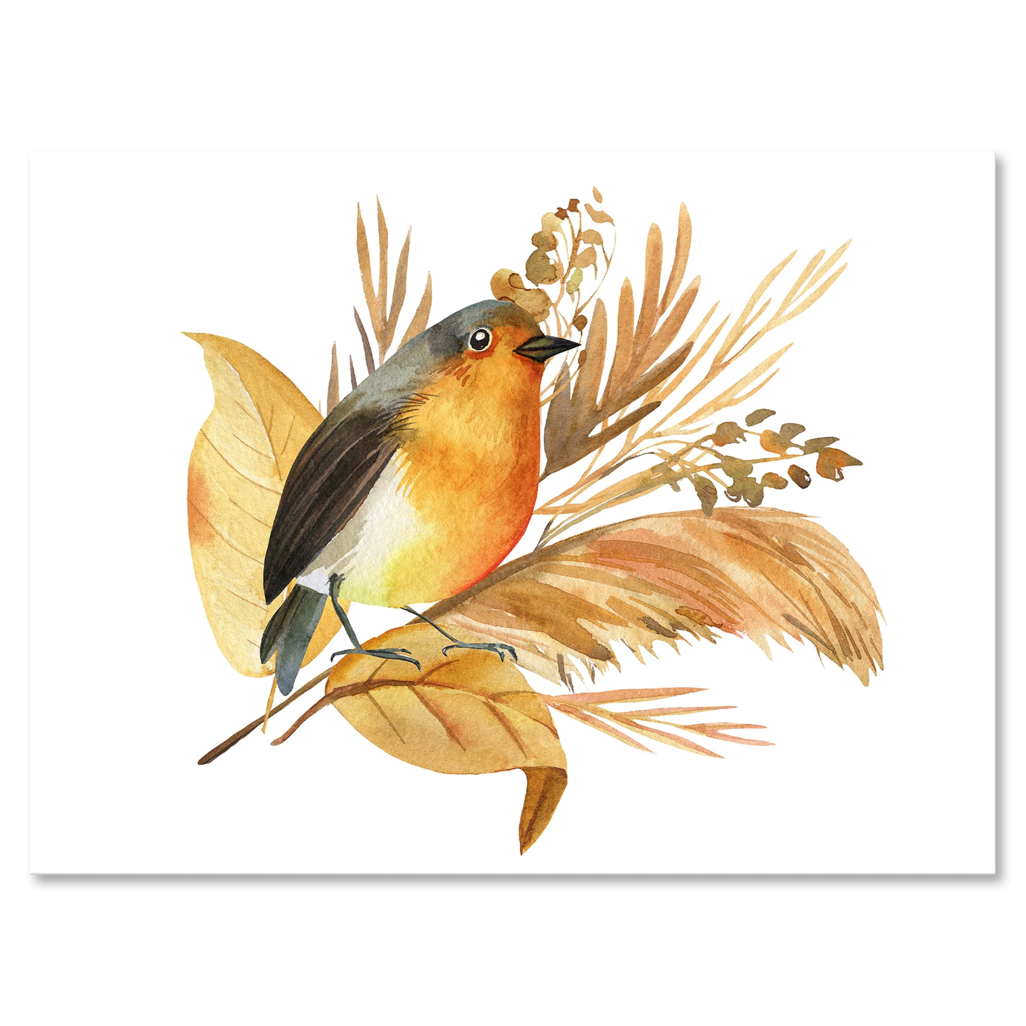 Designart ' Autumn Flowers and Robin Bird ' Traditional Canvas Wall Art Print