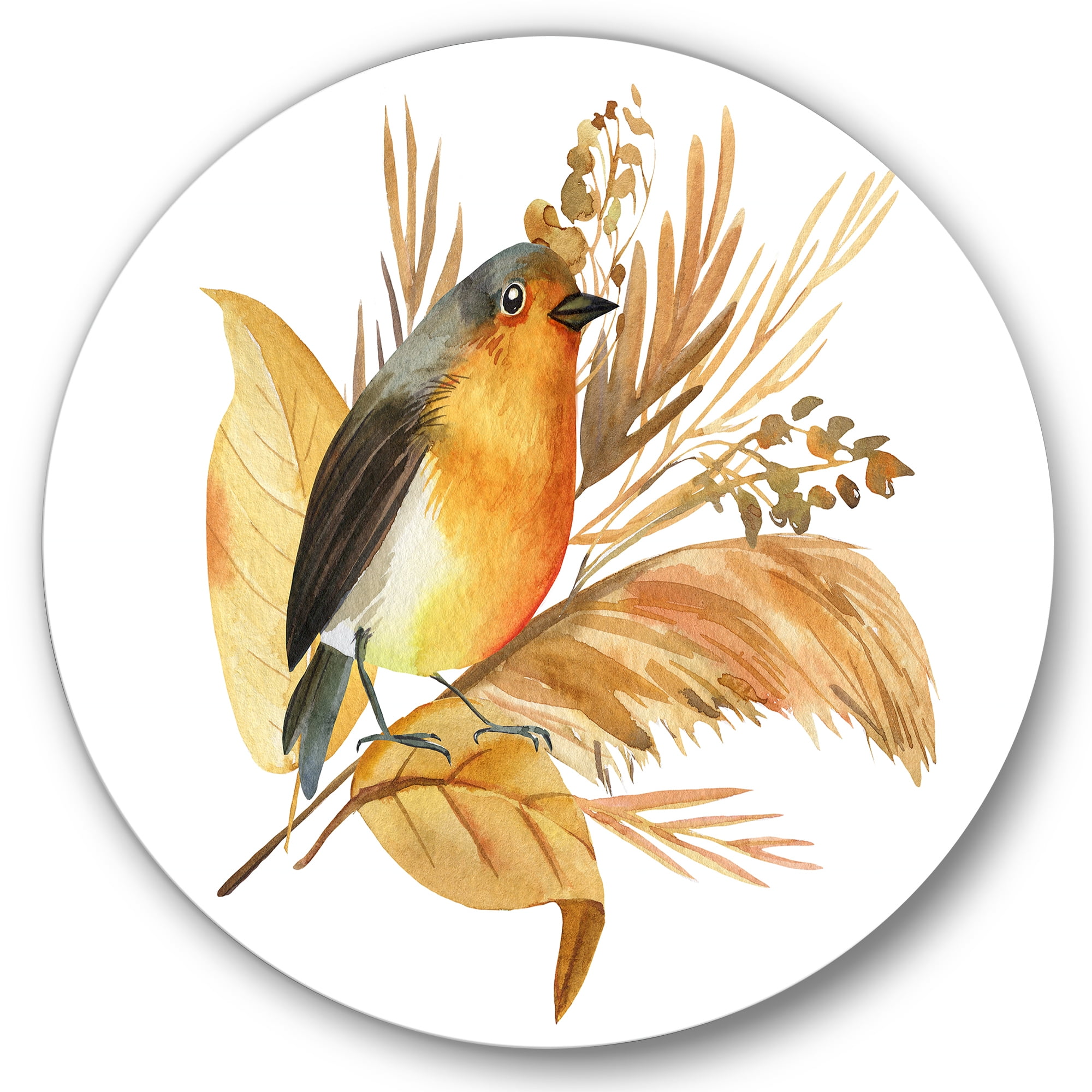 Designart 'Autumn Flowers and Robin Bird' Traditional Circle Metal Wall Art 29x29 - Disc of 29