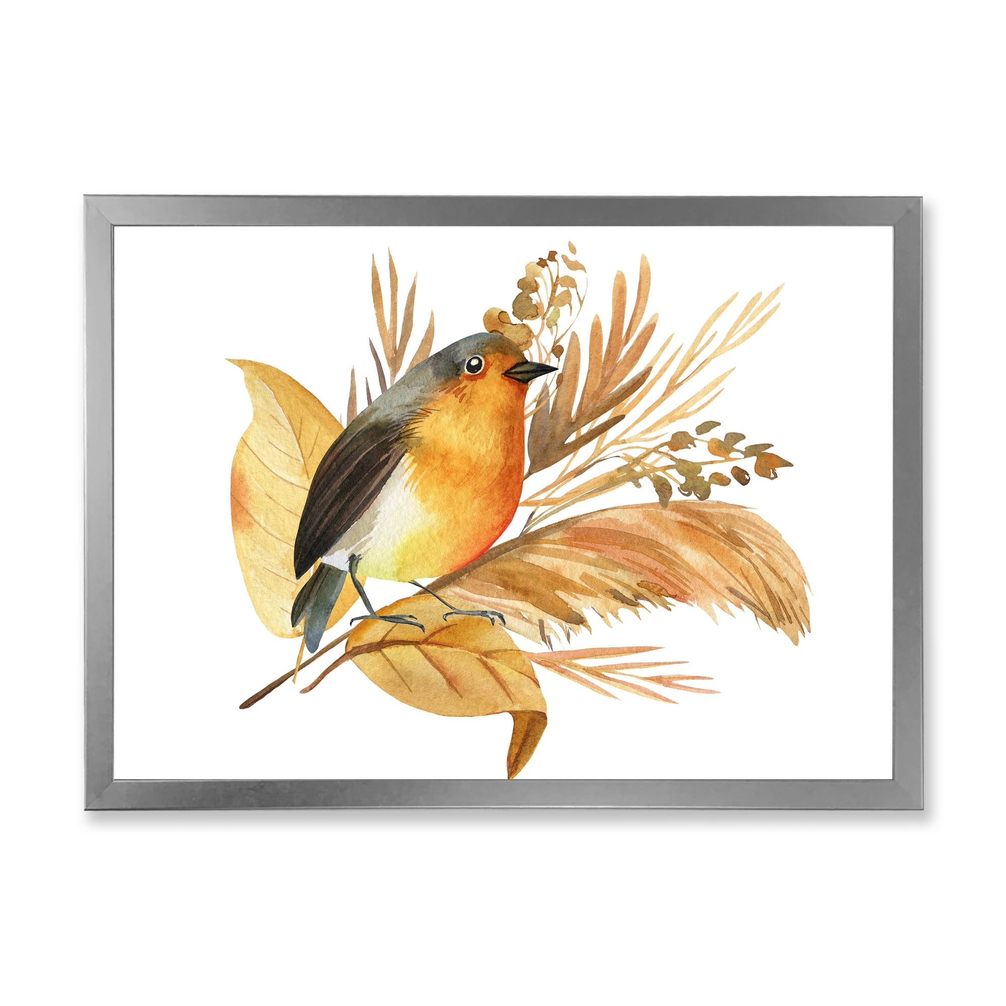 Designart 'Autumn Flowers and Robin Bird' Traditional Framed Art Print