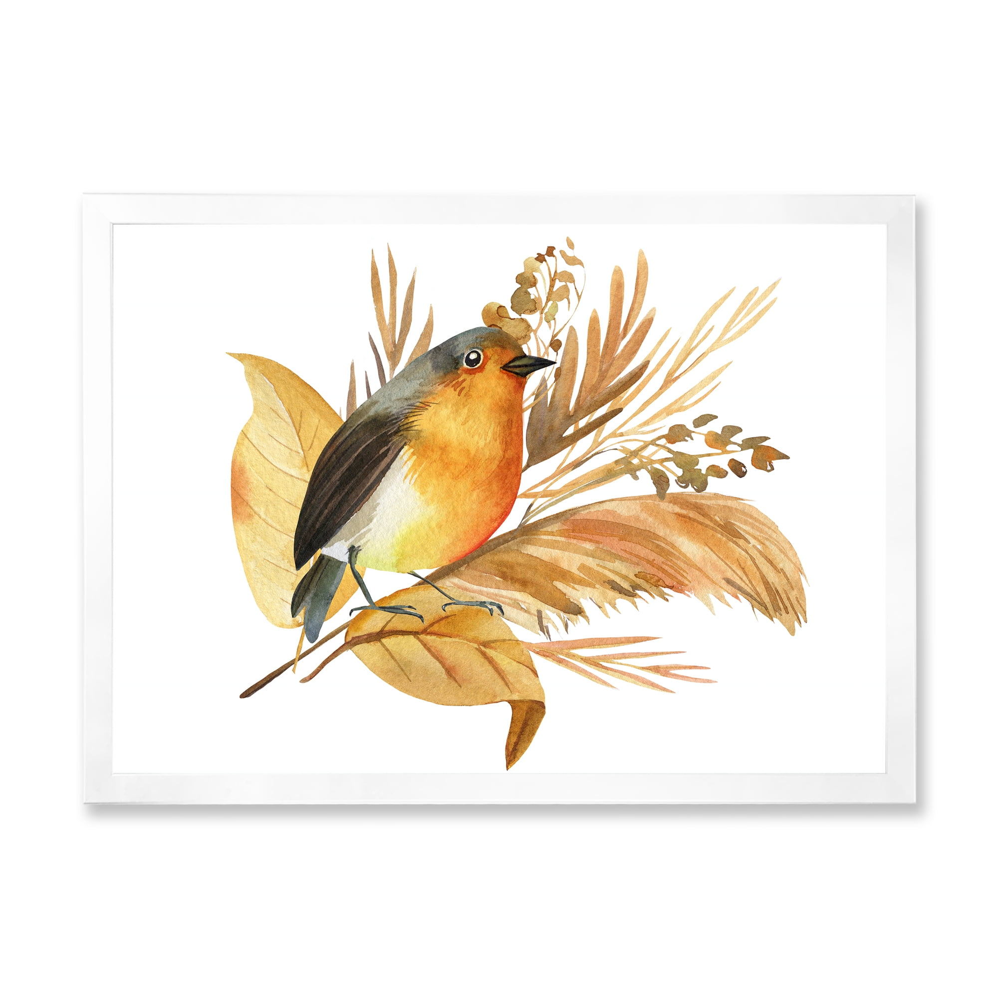 Designart 'Autumn Flowers and Robin Bird' Traditional Framed Art Print
