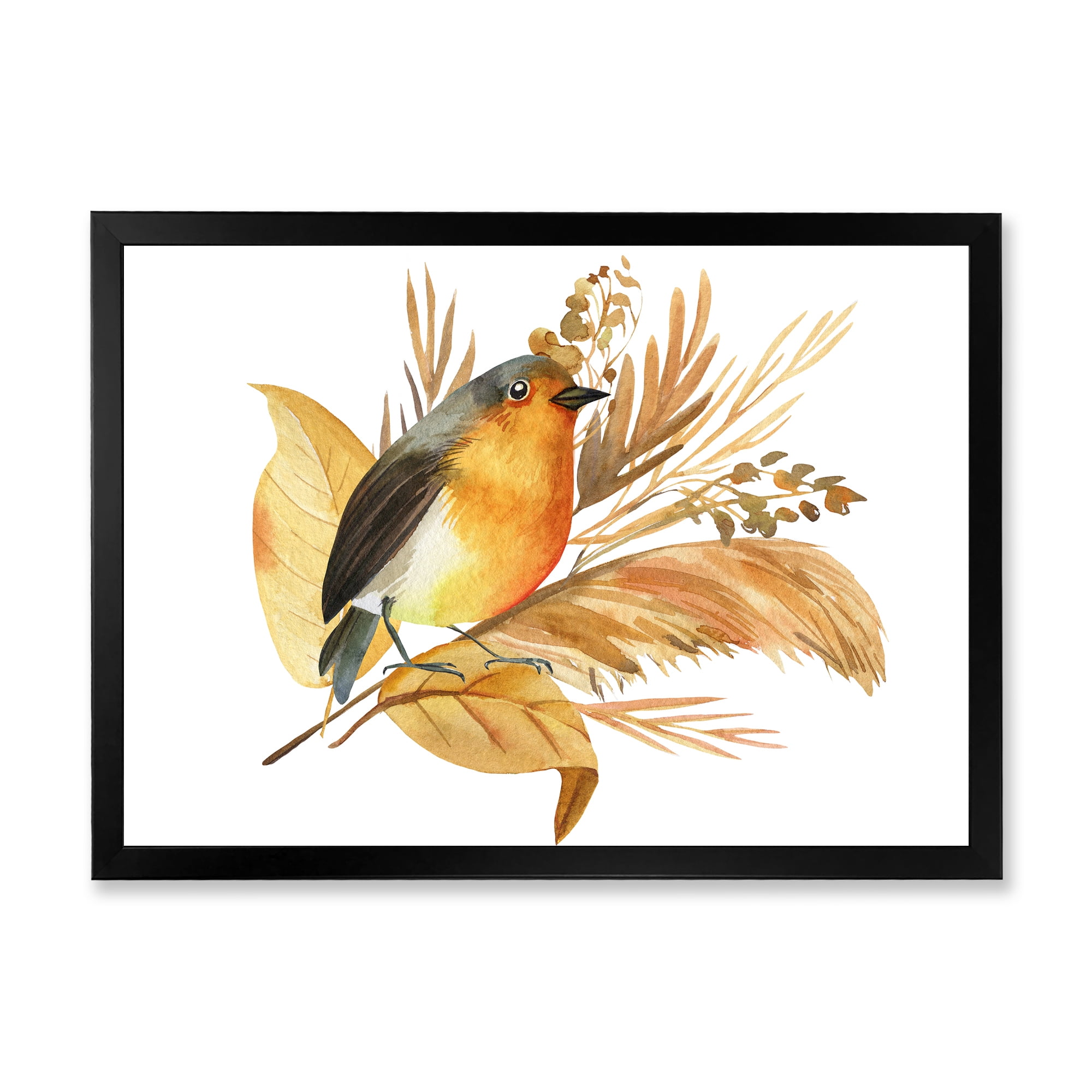 Designart 'Autumn Flowers and Robin Bird' Traditional Framed Art Print