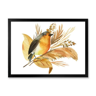 Designart 'Autumn Flowers and Robin Bird' Traditional Framed Art Print