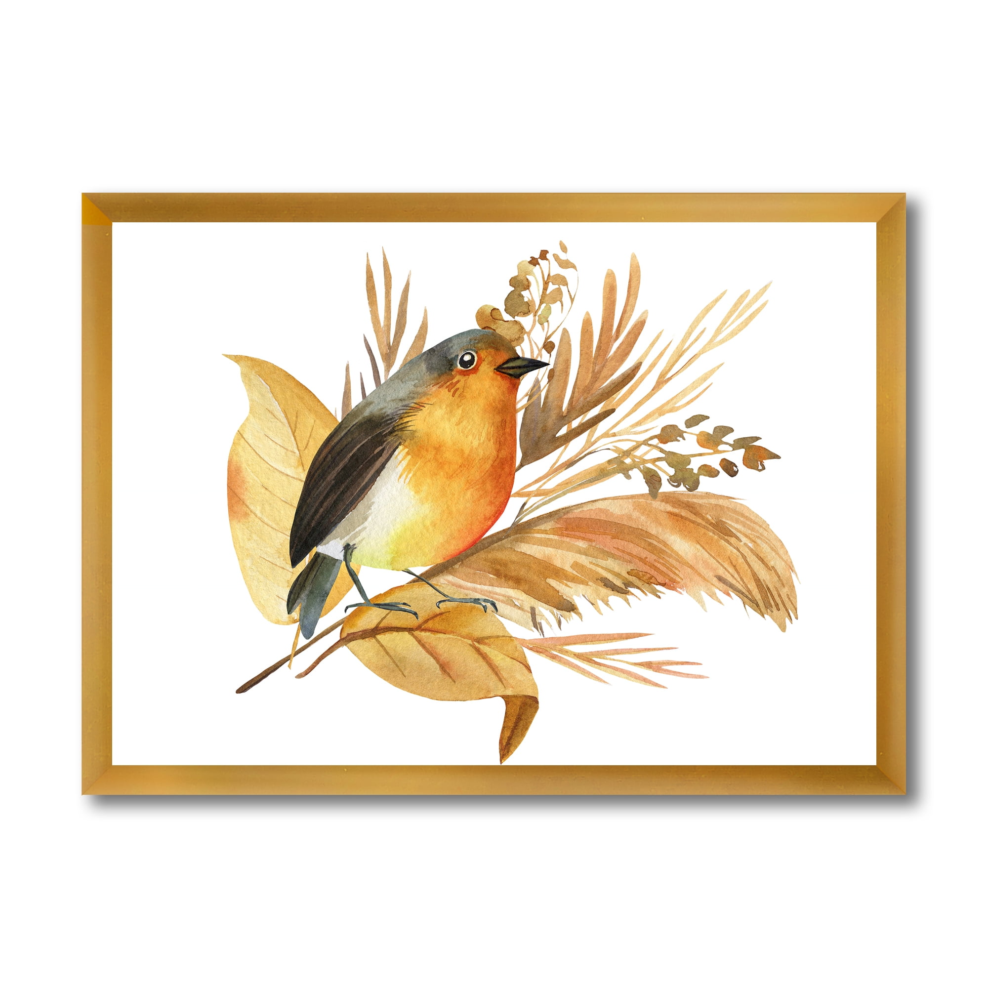 Designart 'Autumn Flowers and Robin Bird' Traditional Framed Art Print
