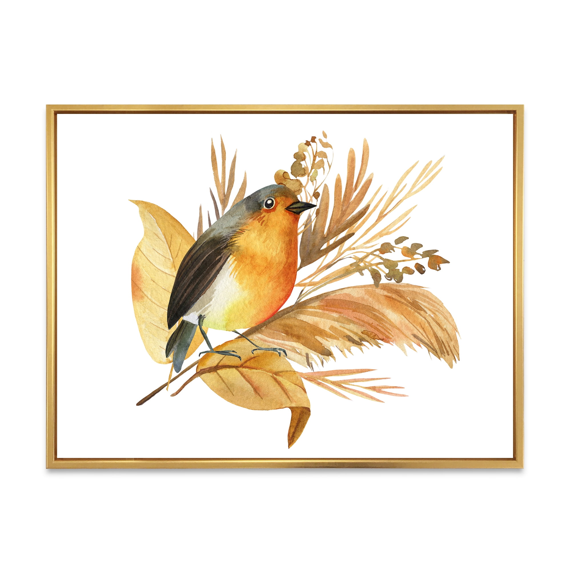 Designart 'Autumn Flowers and Robin Bird' Traditional Framed Canvas Wall Art Print