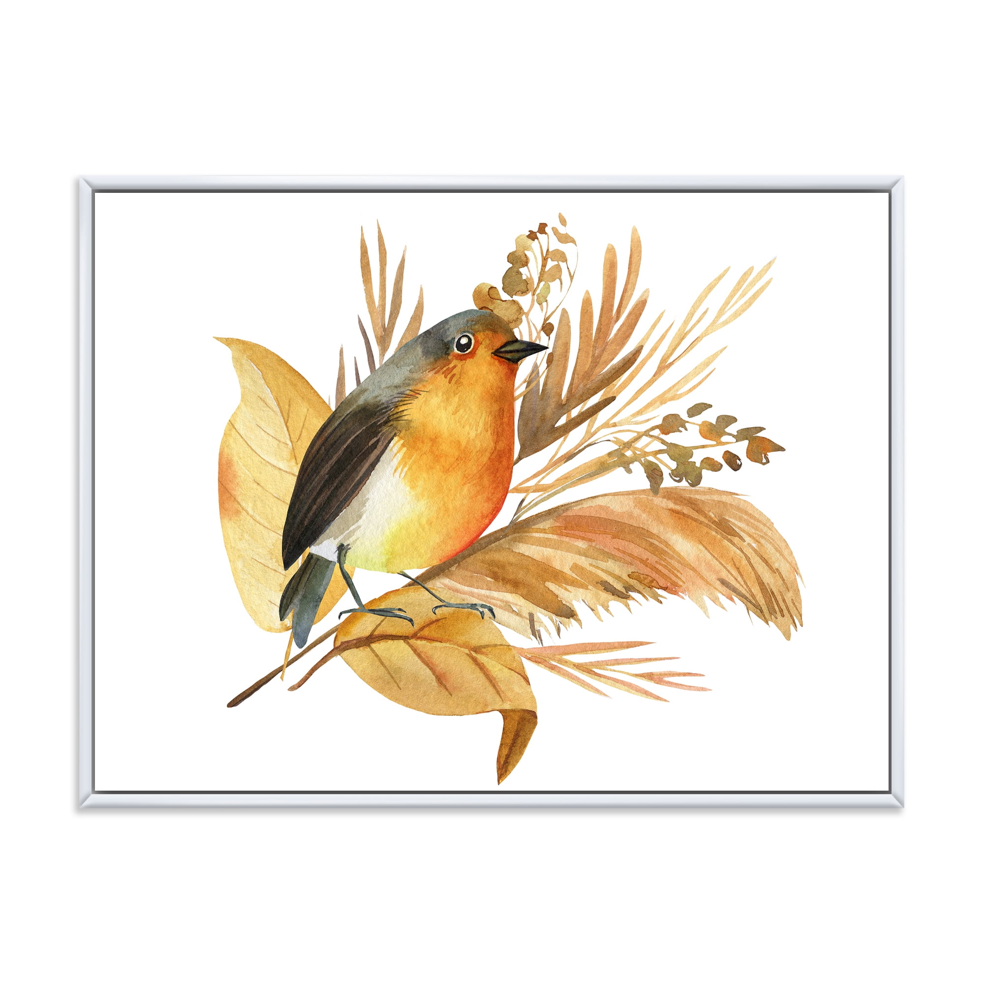 Designart 'Autumn Flowers and Robin Bird' Traditional Framed Canvas Wall Art Print