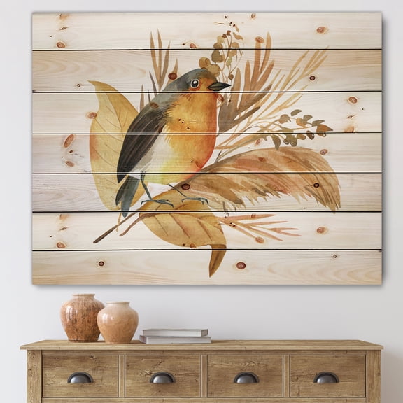 Designart 'Autumn Flowers and Robin Bird' Traditional Print on Natural Pine Wood