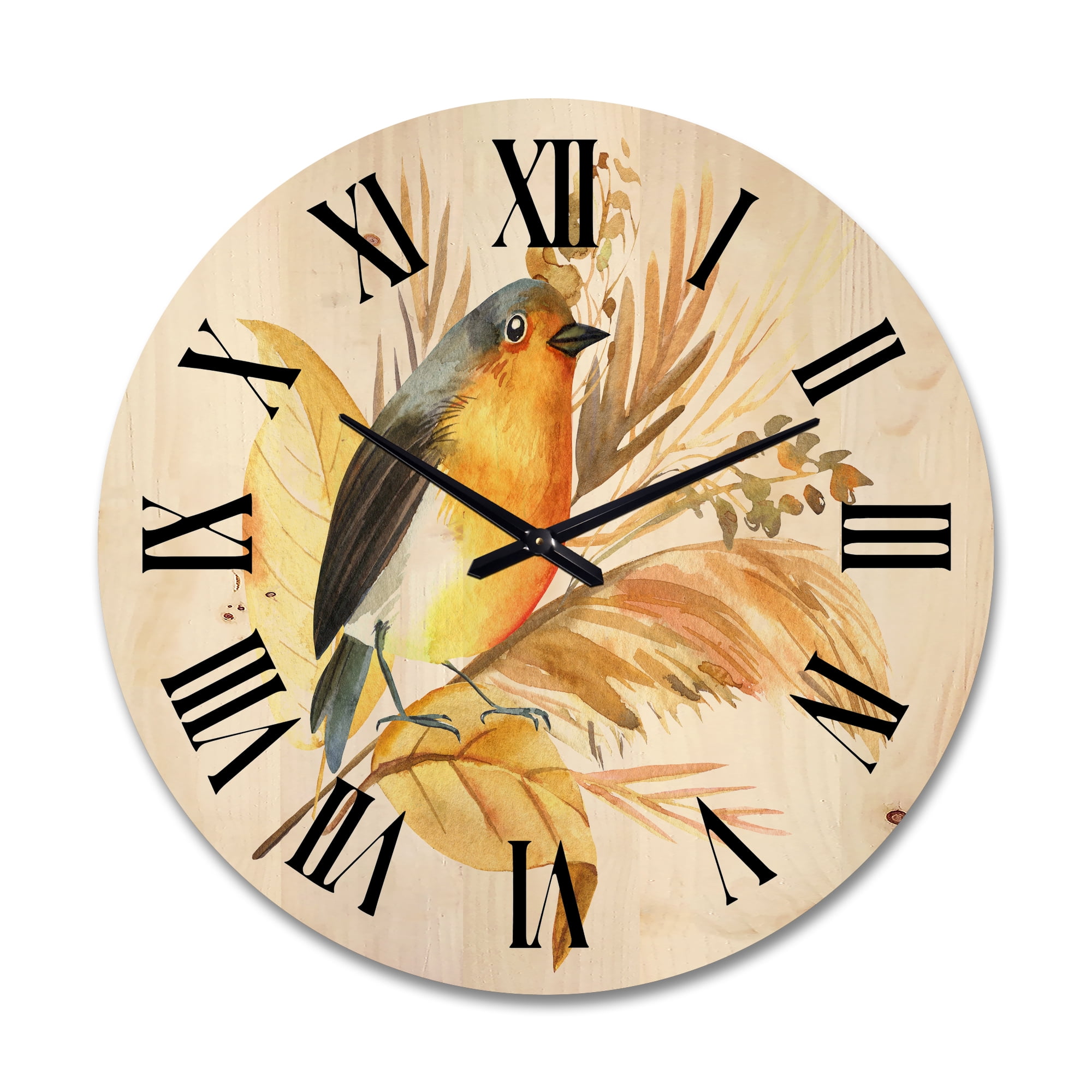 Designart 'Autumn Flowers and Robin Bird' Traditional Wood Wall Clock