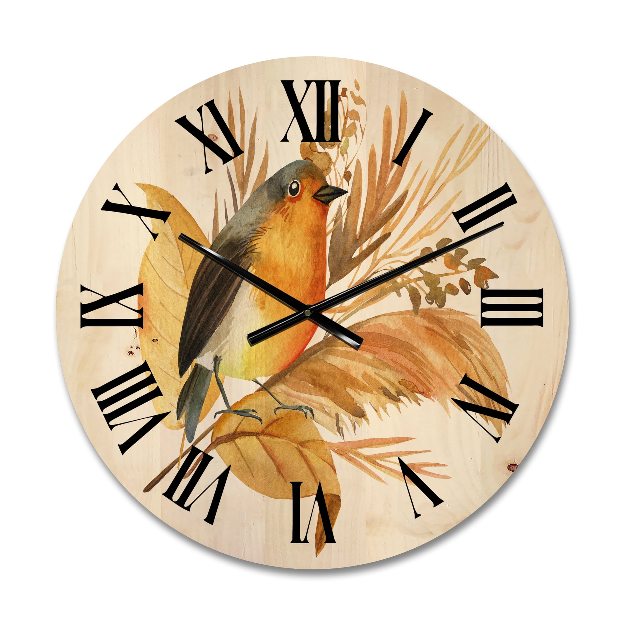 Designart 'Autumn Flowers and Robin Bird' Traditional Wood Wall Clock