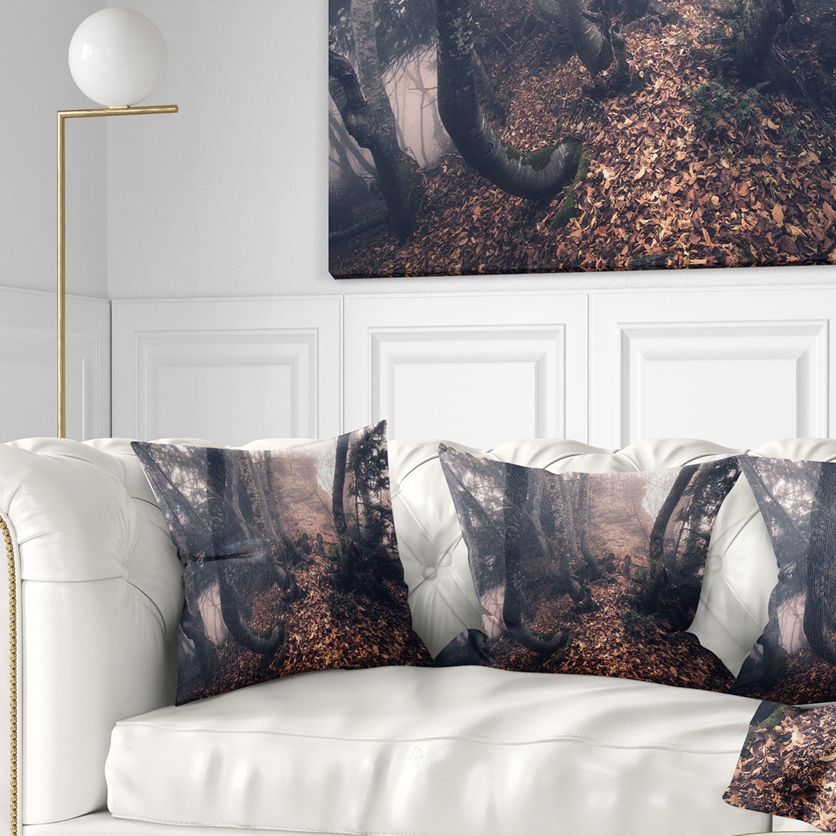 Designart Autumn Foggy Forest Trees - Landscape Photography Throw Pillow - 18x18