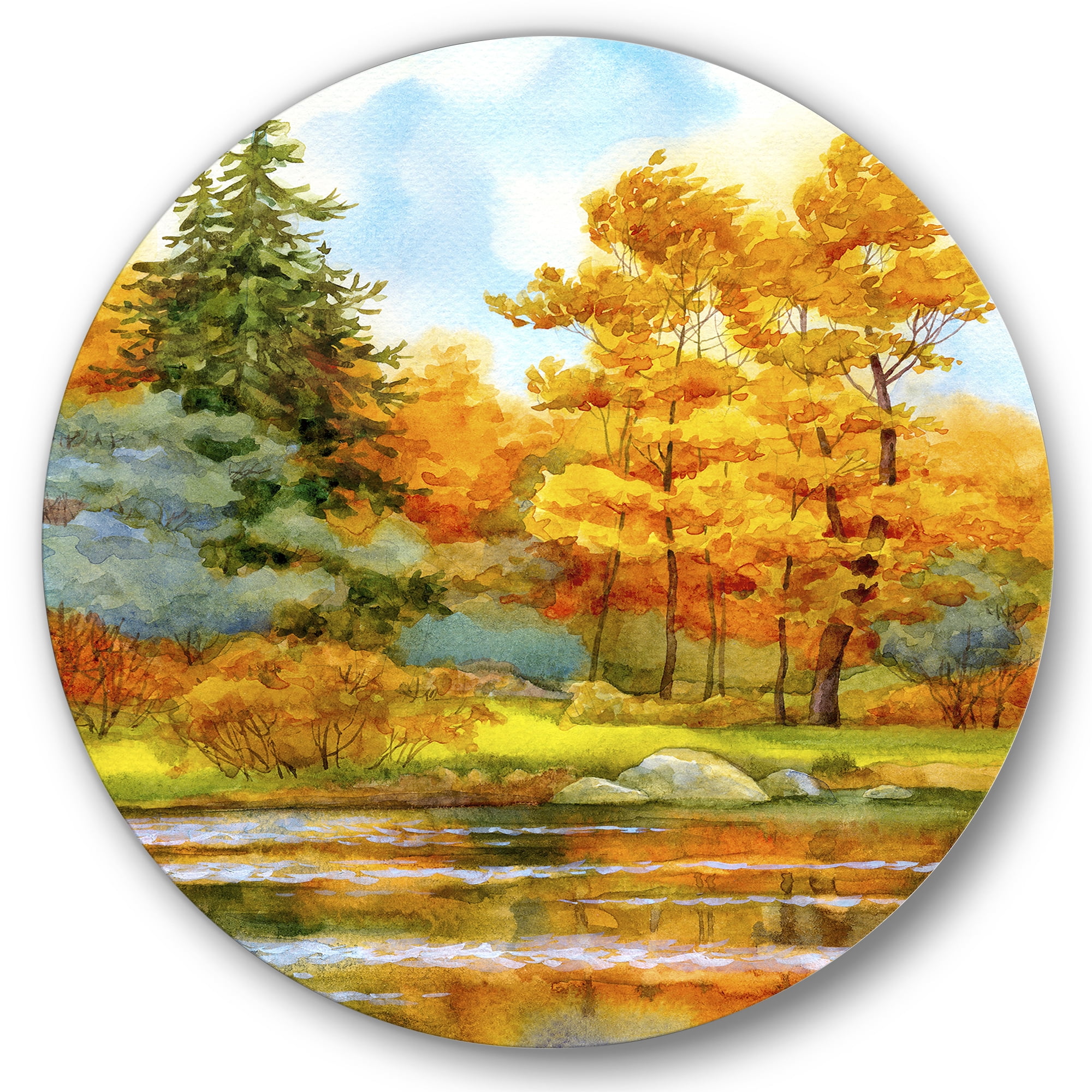 Designart 'Autumn Forest By The Lake Side I' Lake House Circle Metal Wall Art 29x29 - Disc of 29