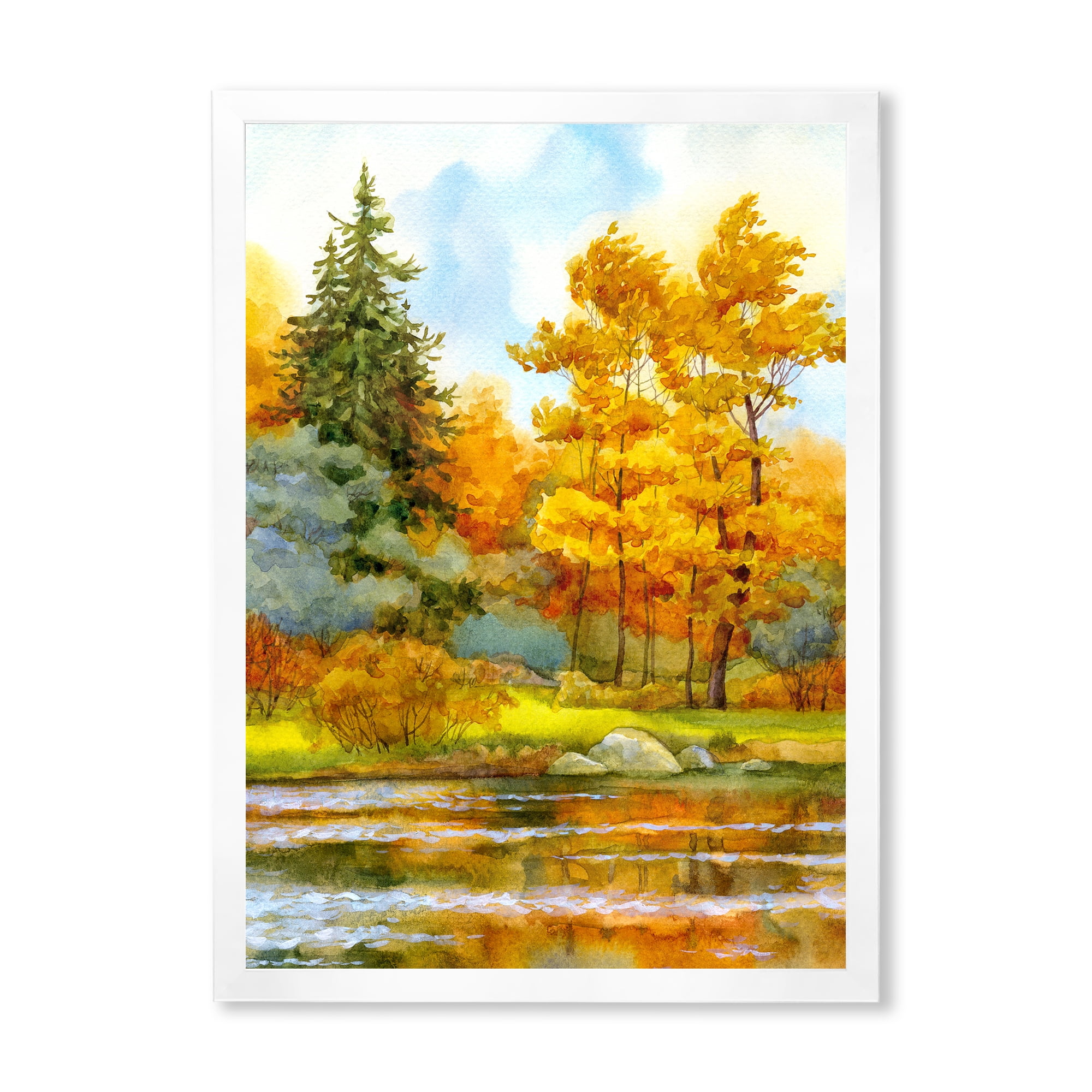 Designart 'Autumn Forest By The Lake Side I' Lake House Framed Art Print