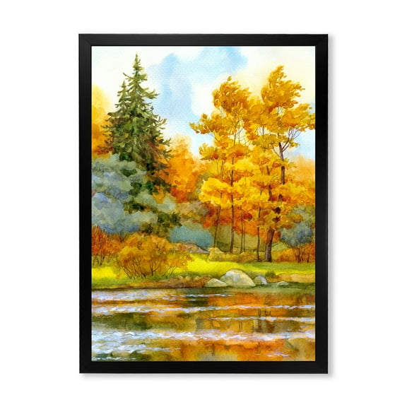 Designart 'Autumn Forest By The Lake Side I' Lake House Framed Art Print