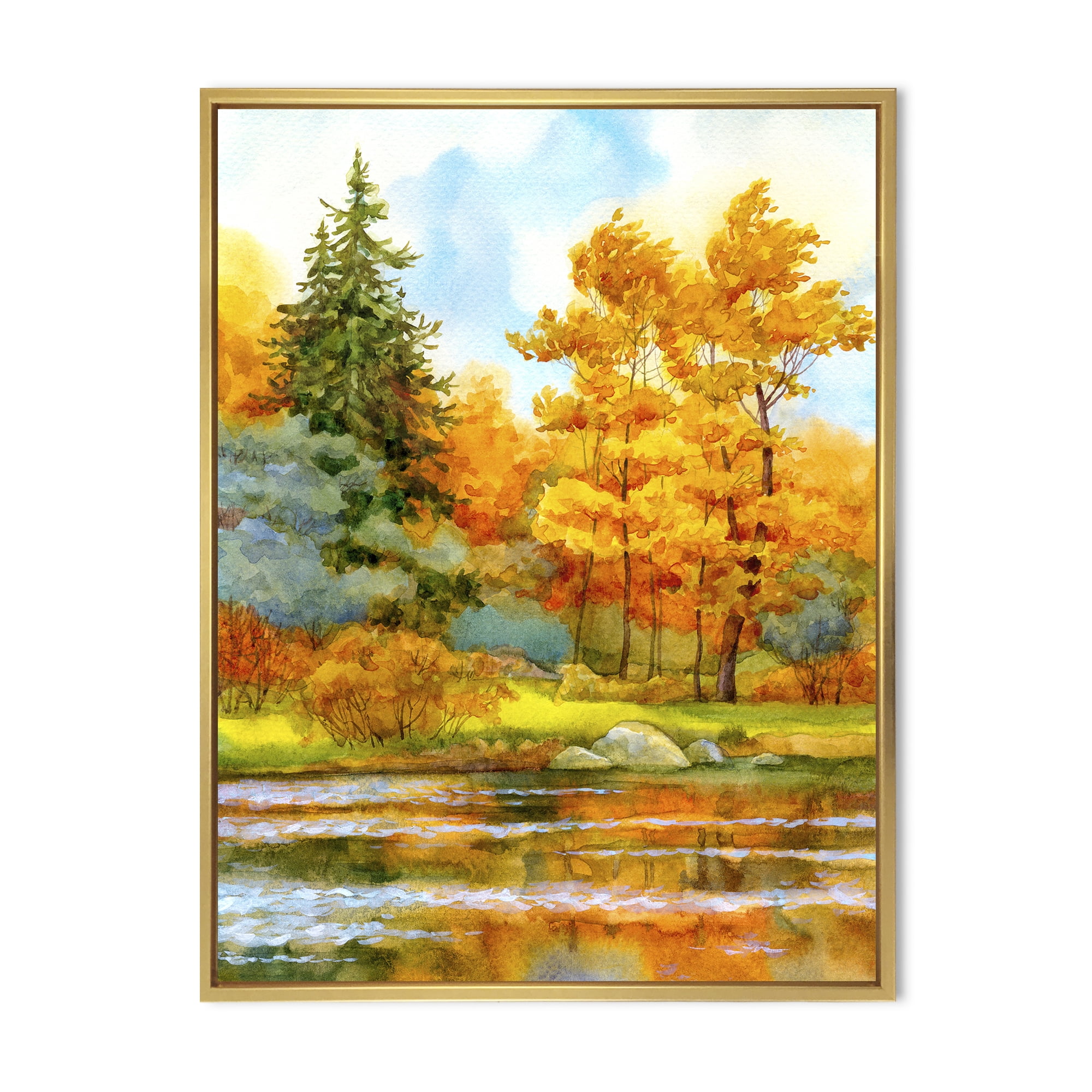 Designart 'Autumn Forest By The Lake Side I' Lake House Framed Canvas Wall Art Print