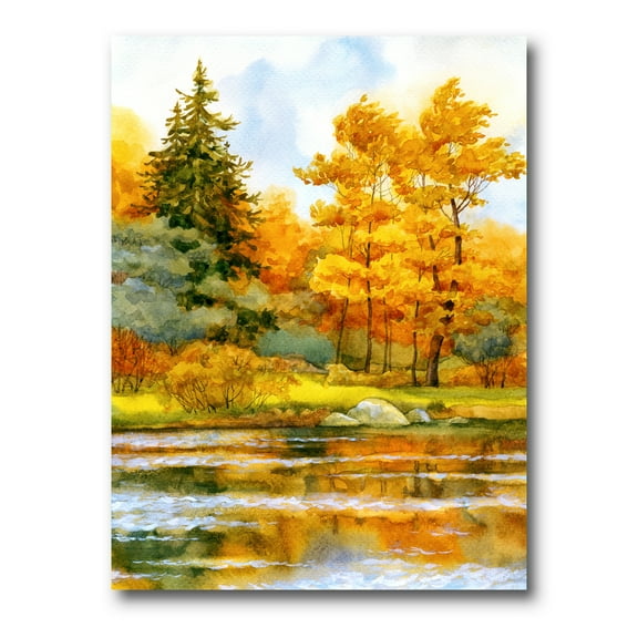 Designart ' Autumn Forest By The Lake Side II ' Lake House Canvas Wall Art Print