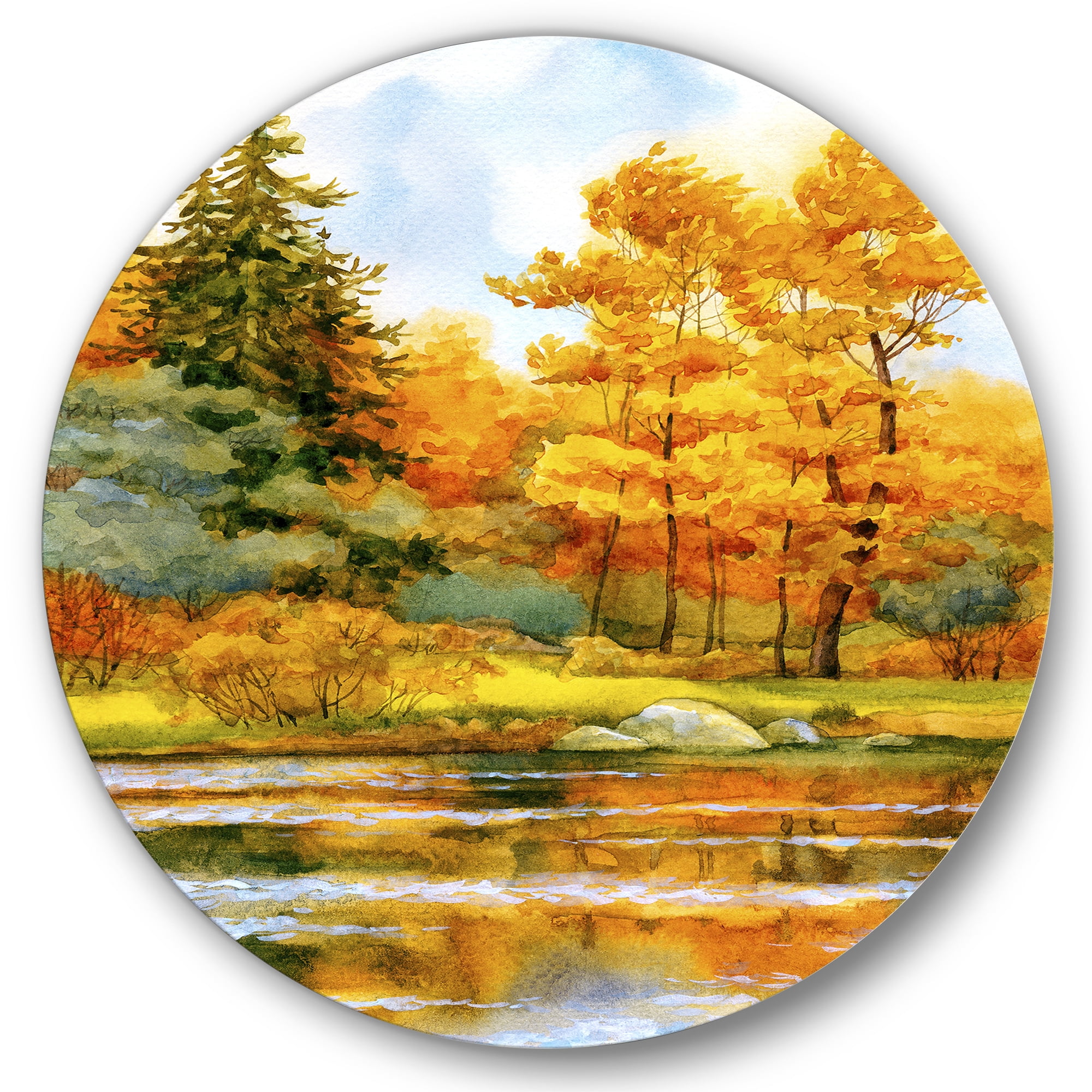 Designart 'Autumn Forest By The Lake Side II' Lake House Circle Metal Wall Art 29x29 - Disc of 29