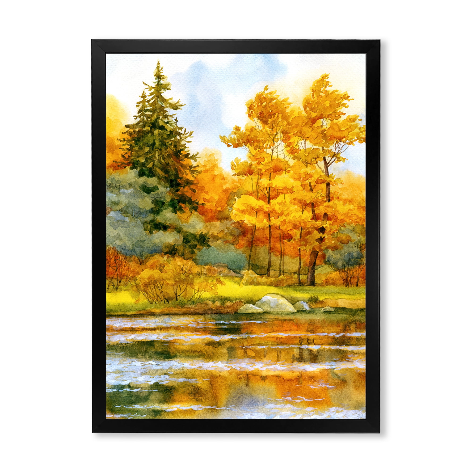 Designart 'Autumn Forest By The Lake Side II' Lake House Framed Art Print