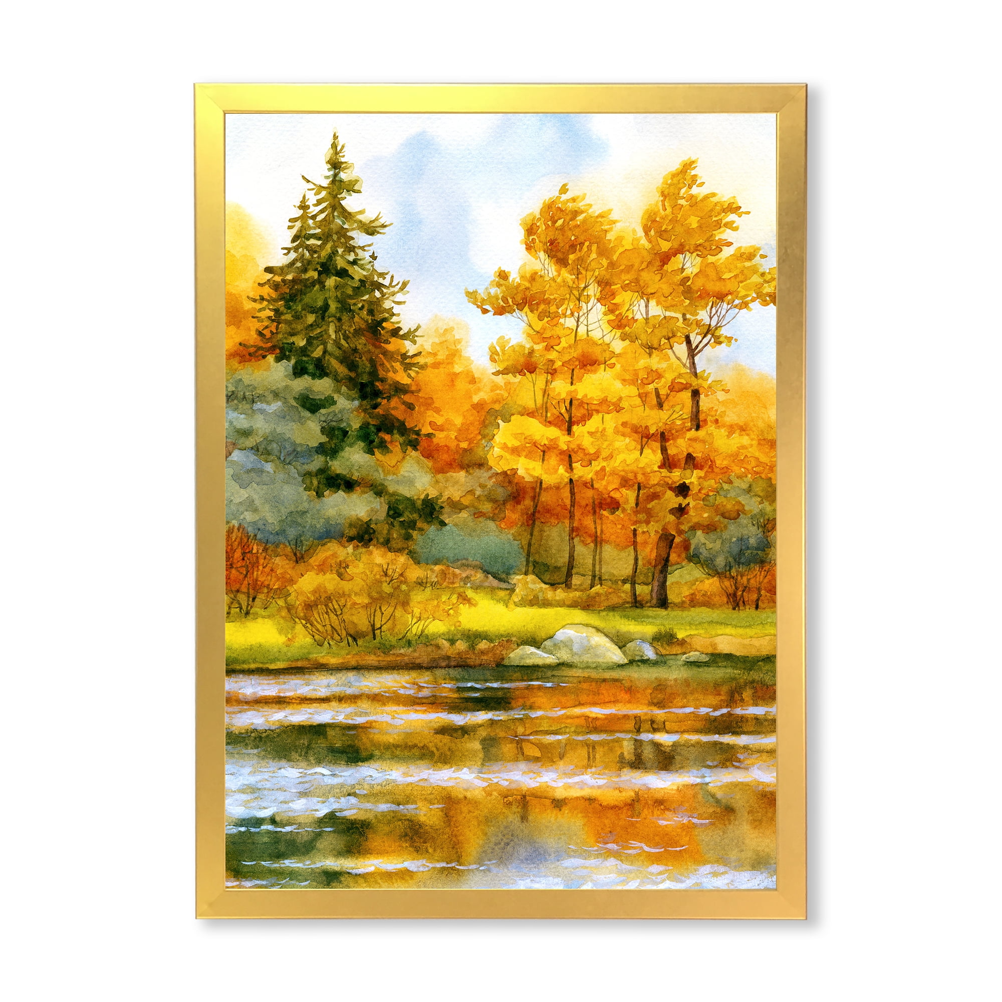 Designart 'Autumn Forest By The Lake Side II' Lake House Framed Art Print