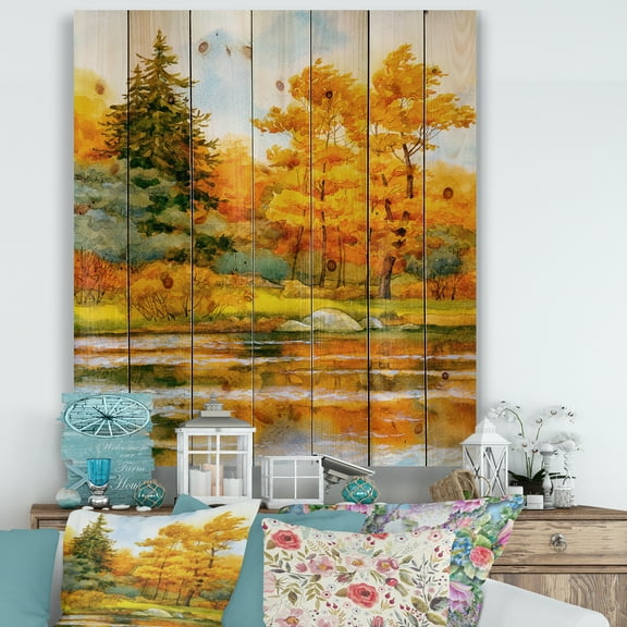 Designart 'Autumn Forest By The Lake Side II' Lake House Print on Natural Pine Wood