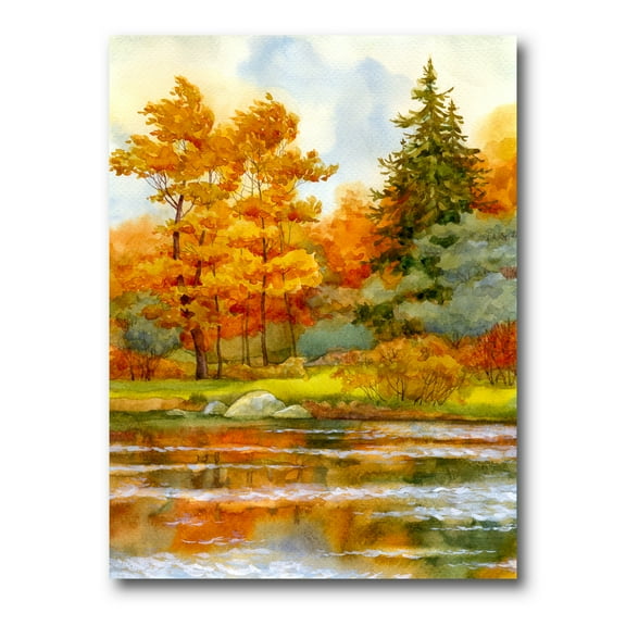 Designart ' Autumn Forest By The Lake Side III ' Lake House Canvas Wall Art Print