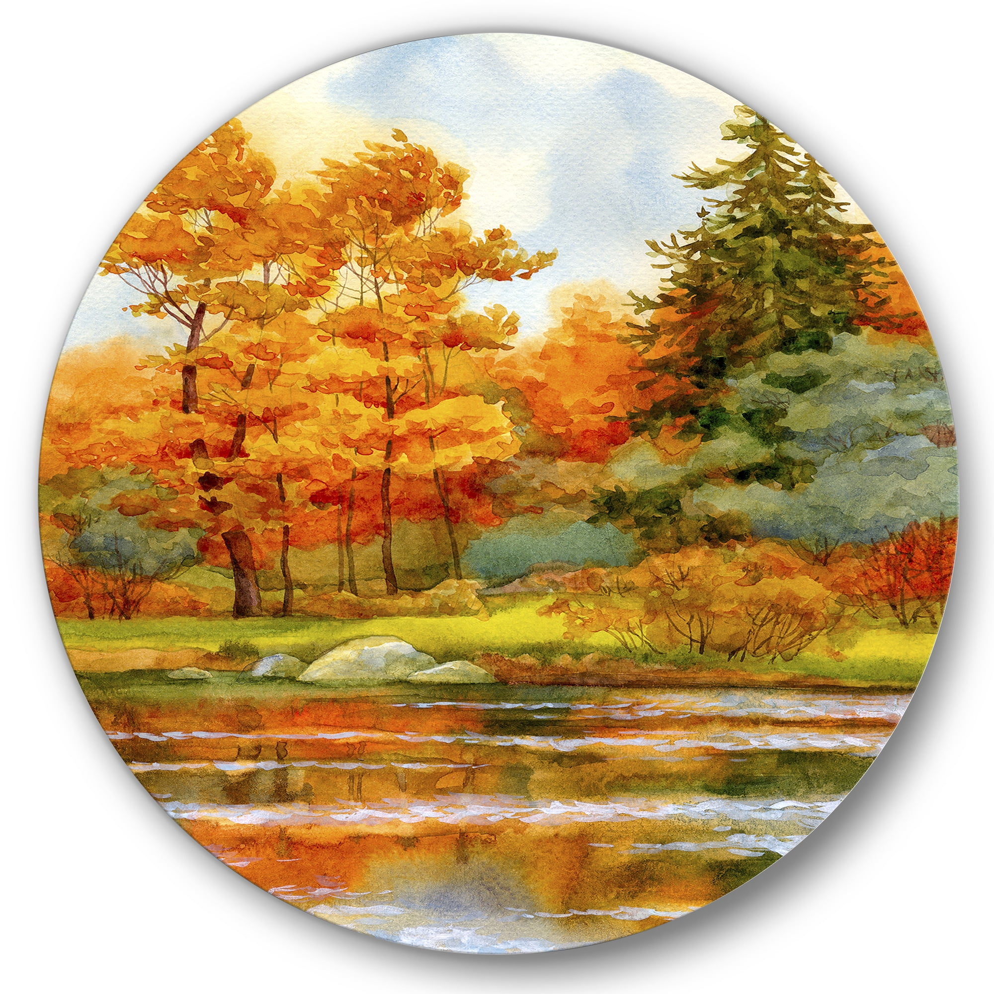 Designart 'Autumn Forest By The Lake Side III' Lake House Circle Metal Wall Art 29x29 - Disc of 29