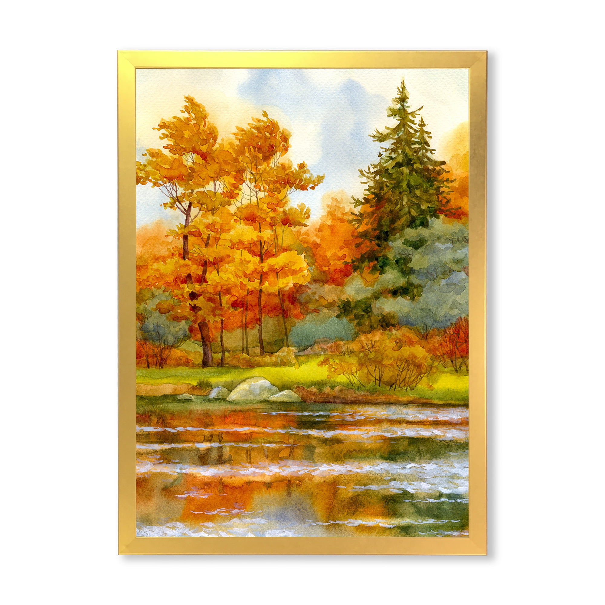 Designart 'Autumn Forest By The Lake Side III' Lake House Framed Art Print