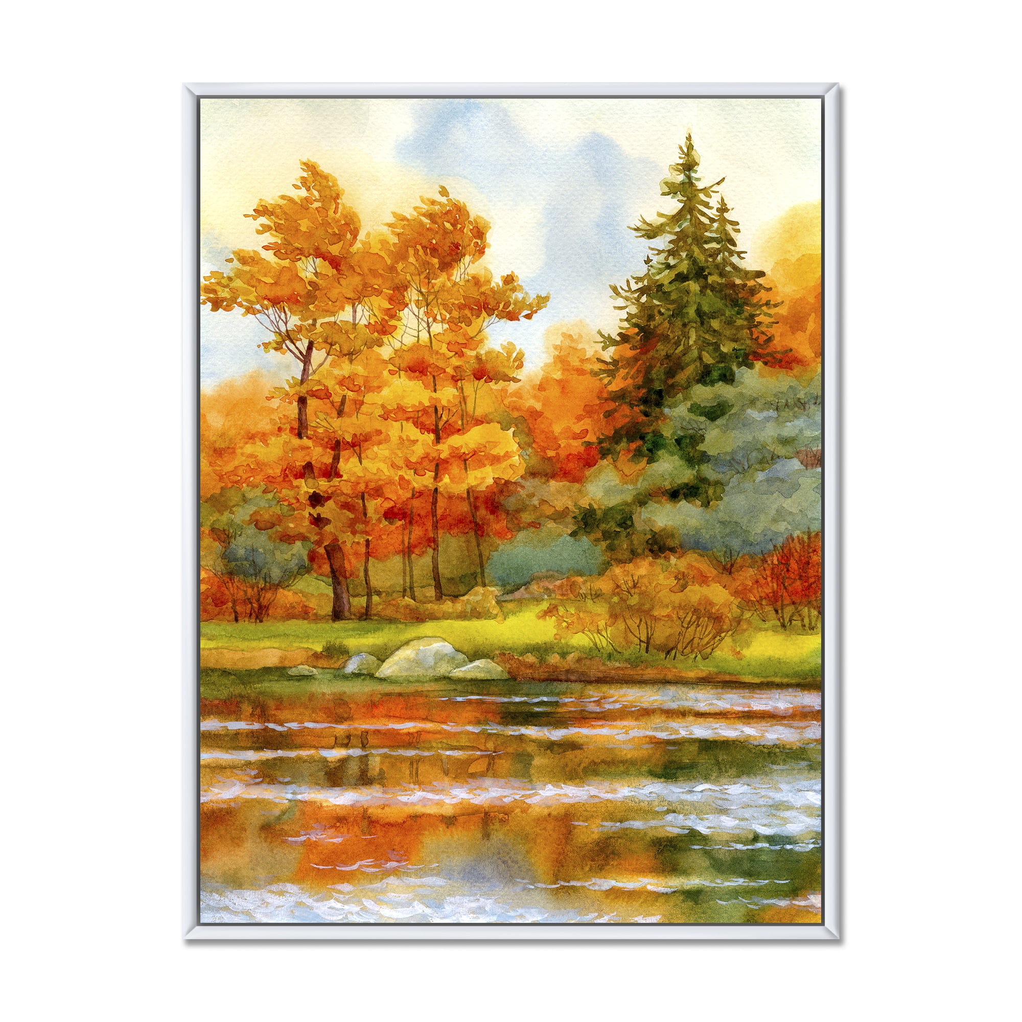 Designart 'Autumn Forest By The Lake Side III' Lake House Framed Canvas Wall Art Print
