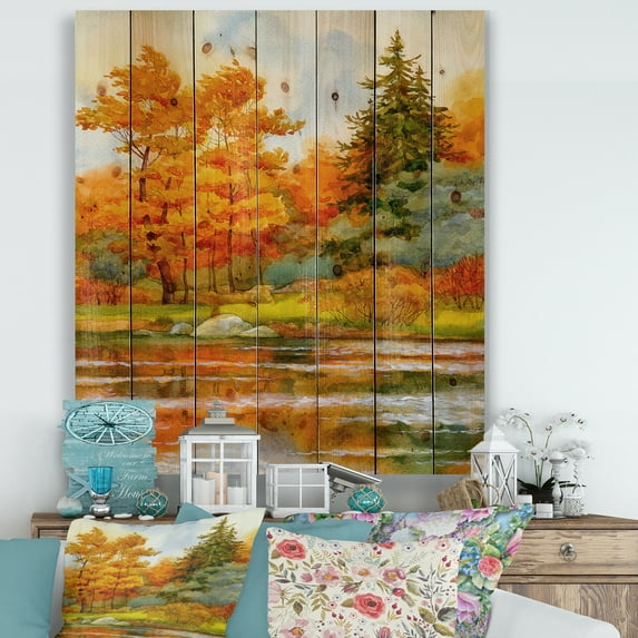 Designart 'Autumn Forest By The Lake Side III' Lake House Print on Natural Pine Wood
