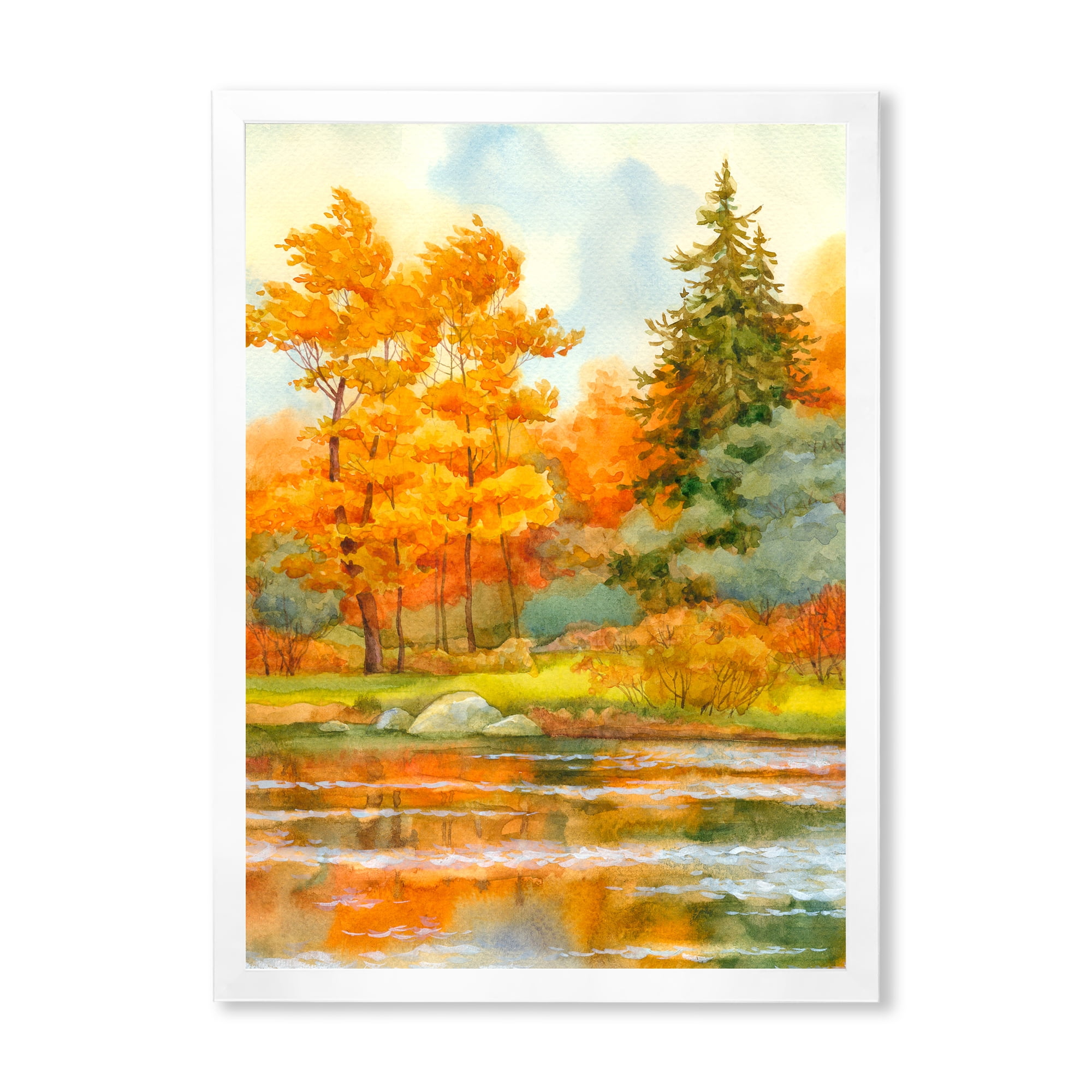 Designart 'Autumn Forest By The Lake Side IV' Lake House Framed Art Print
