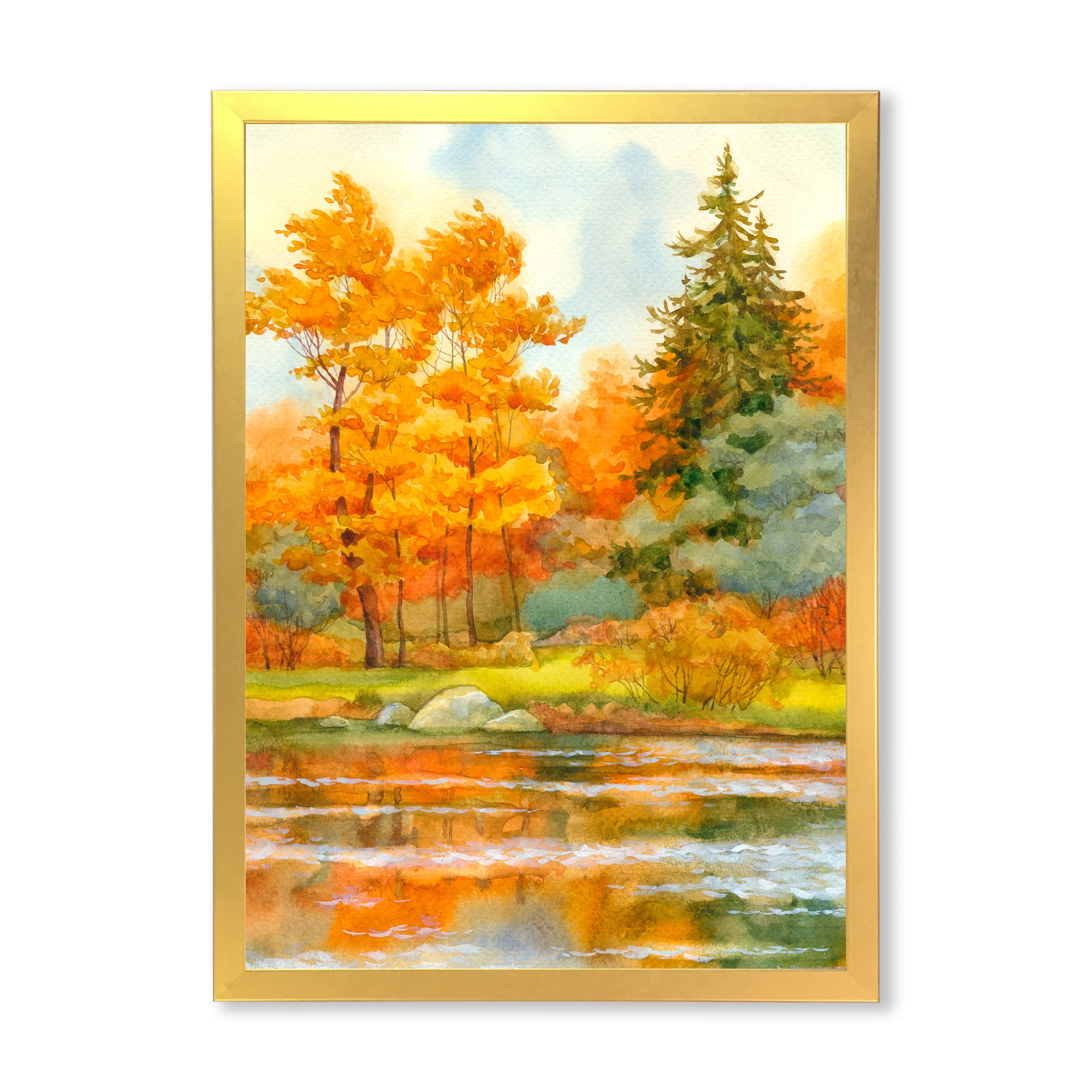 Designart 'Autumn Forest By The Lake Side IV' Lake House Framed Art Print