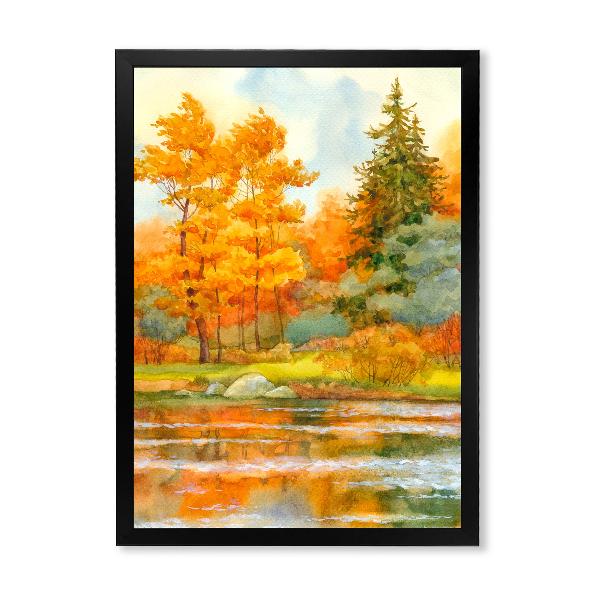 Designart 'Autumn Forest By The Lake Side IV' Lake House Framed Art Print