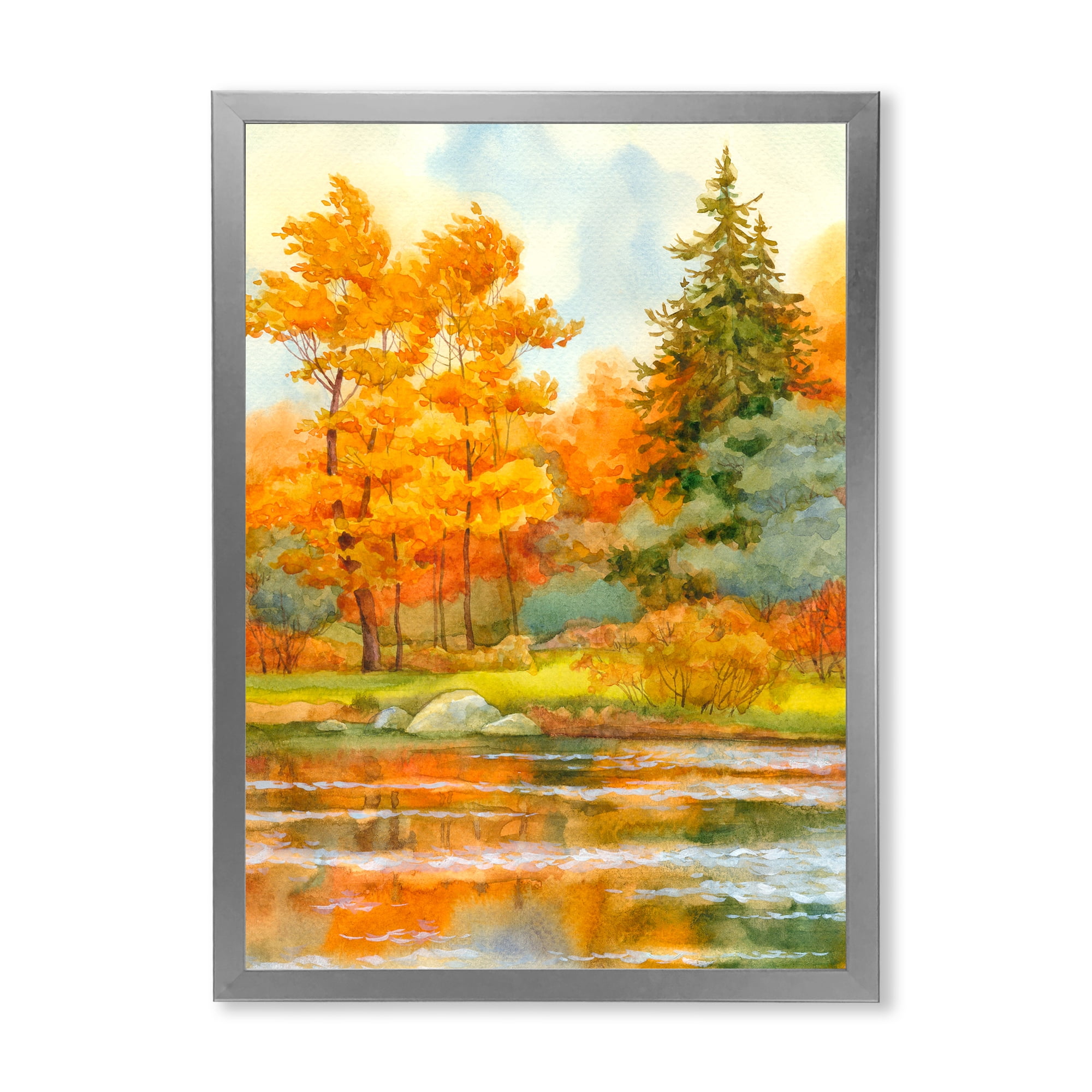 Designart 'Autumn Forest By The Lake Side IV' Lake House Framed Art Print