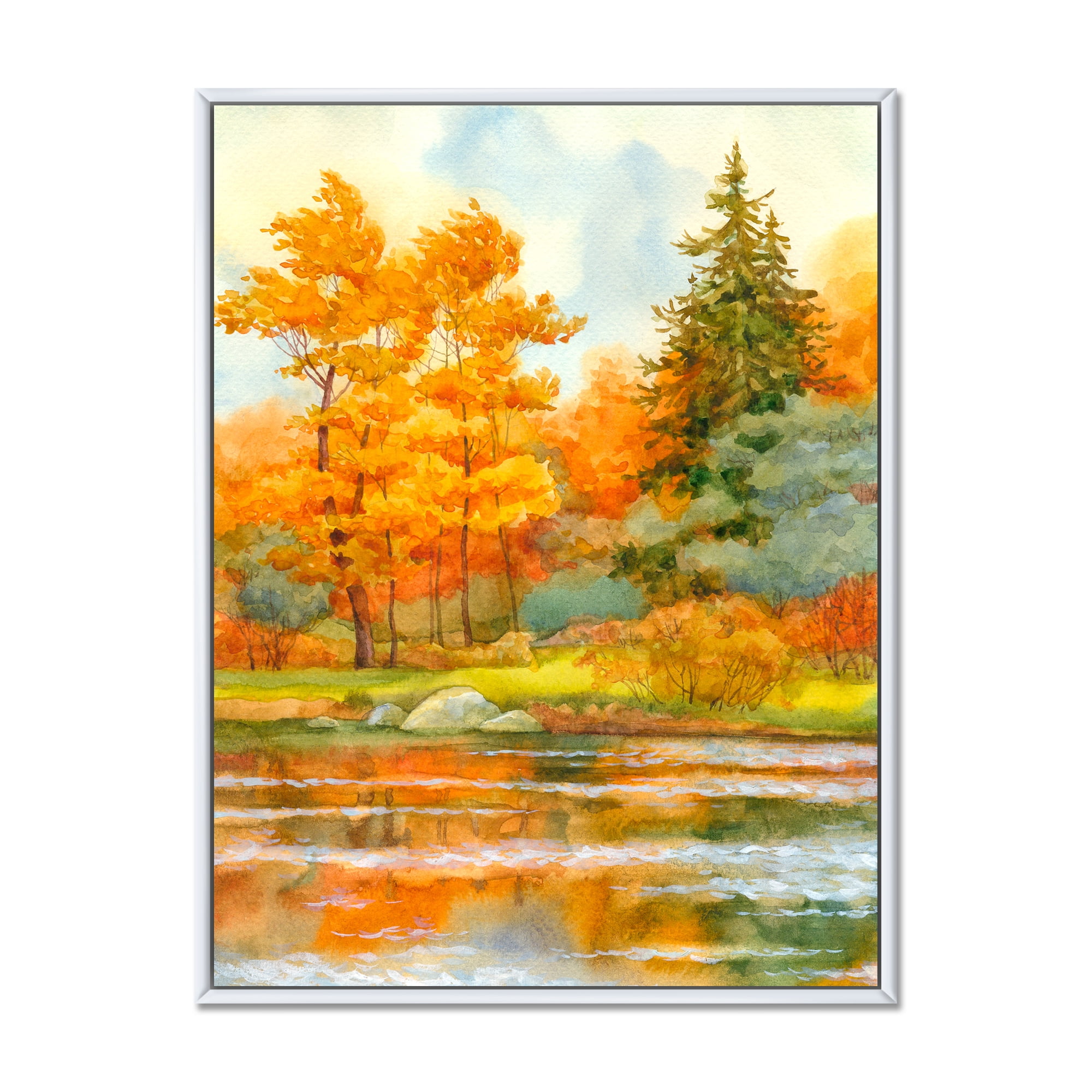 Designart 'Autumn Forest By The Lake Side IV' Lake House Framed Canvas Wall Art Print