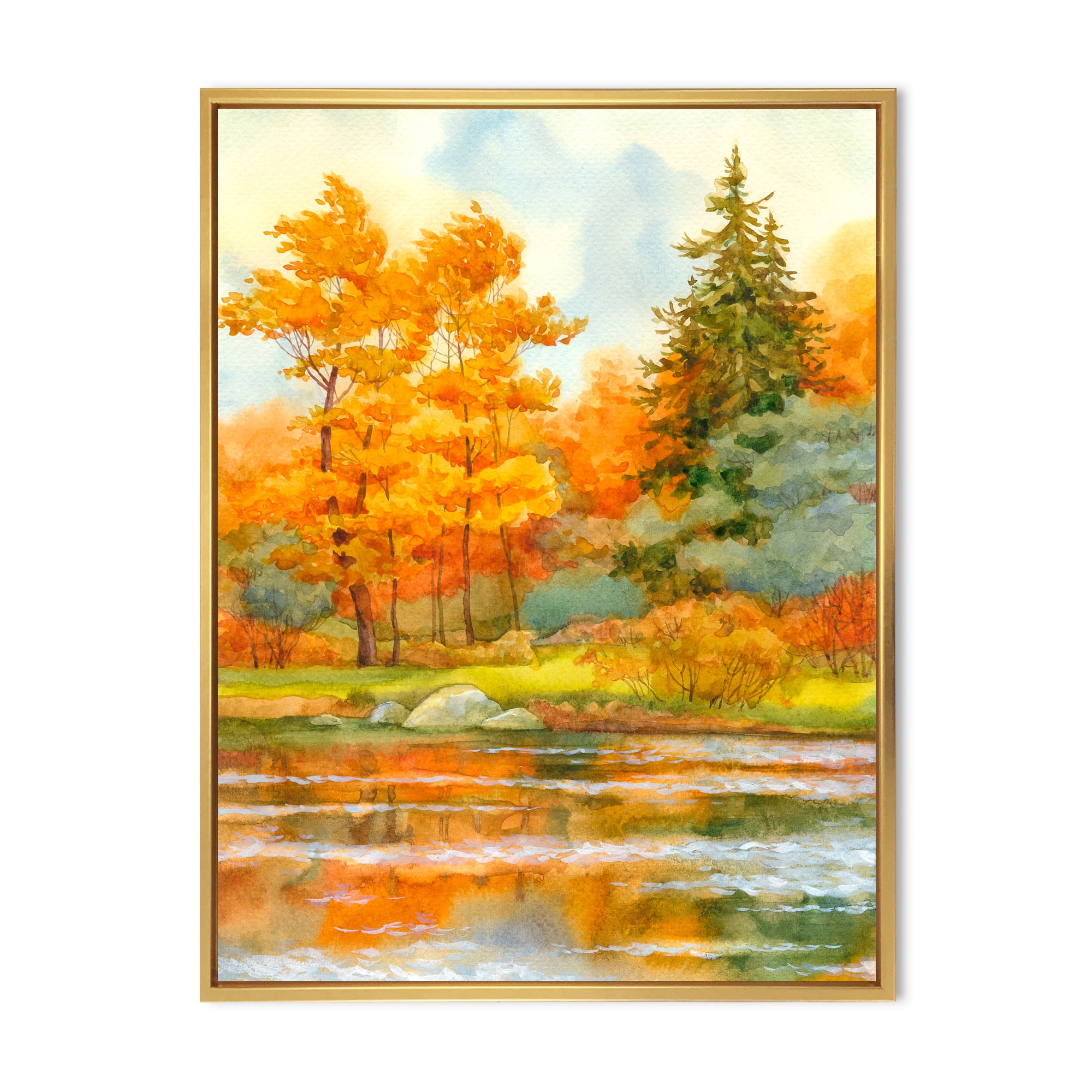 Designart 'Autumn Forest By The Lake Side IV' Lake House Framed Canvas Wall Art Print