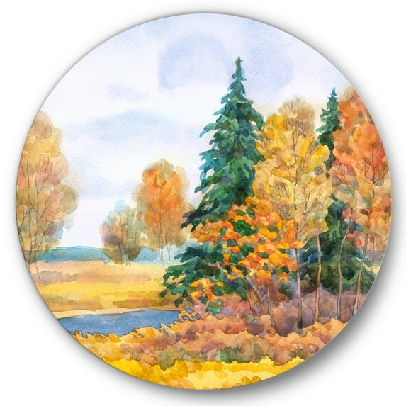 Designart 'Autumn Forest By The Lake Side V' Lake House Circle Metal Wall Art 11x11 - Disc of 11