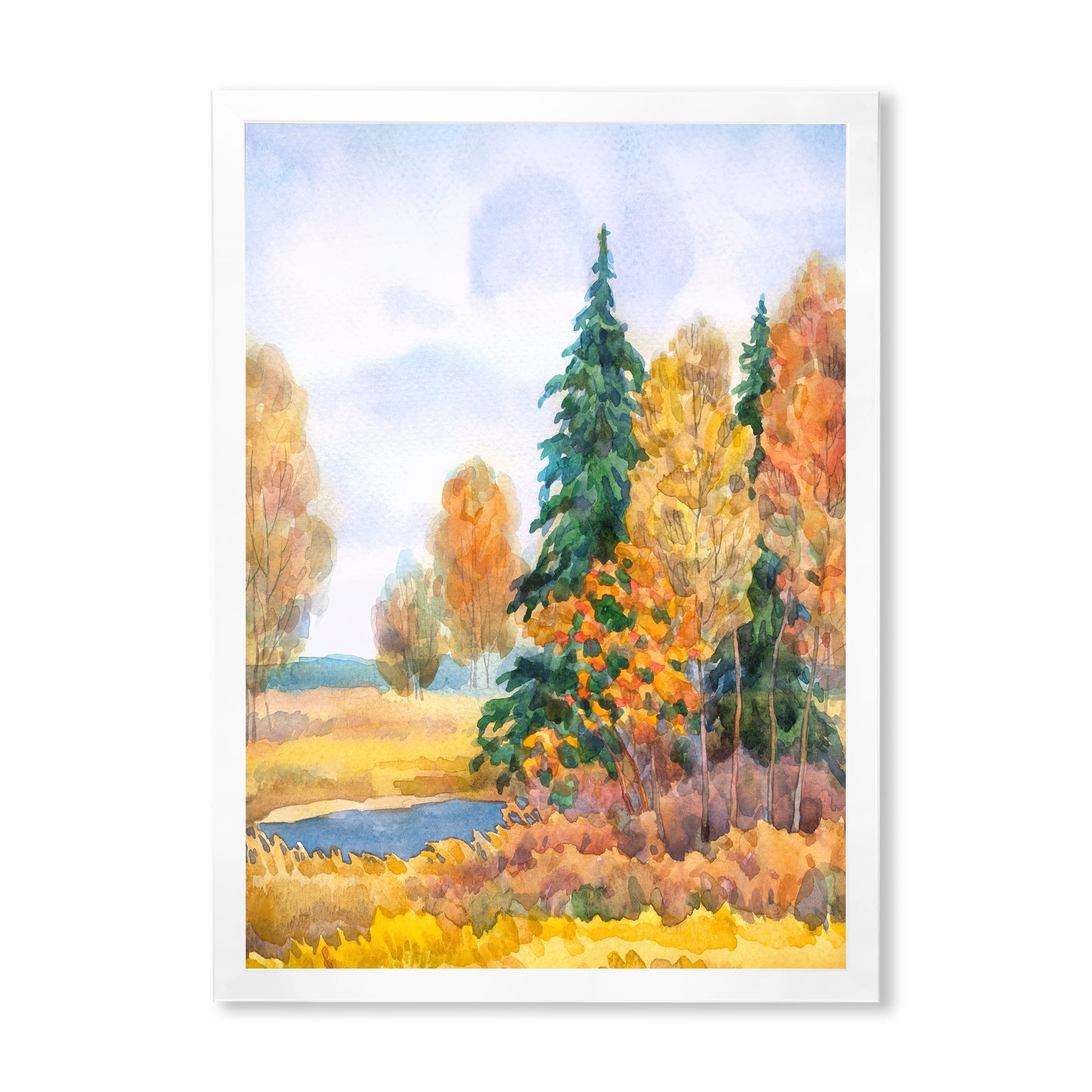 Designart 'Autumn Forest By The Lake Side V' Lake House Framed Art Print