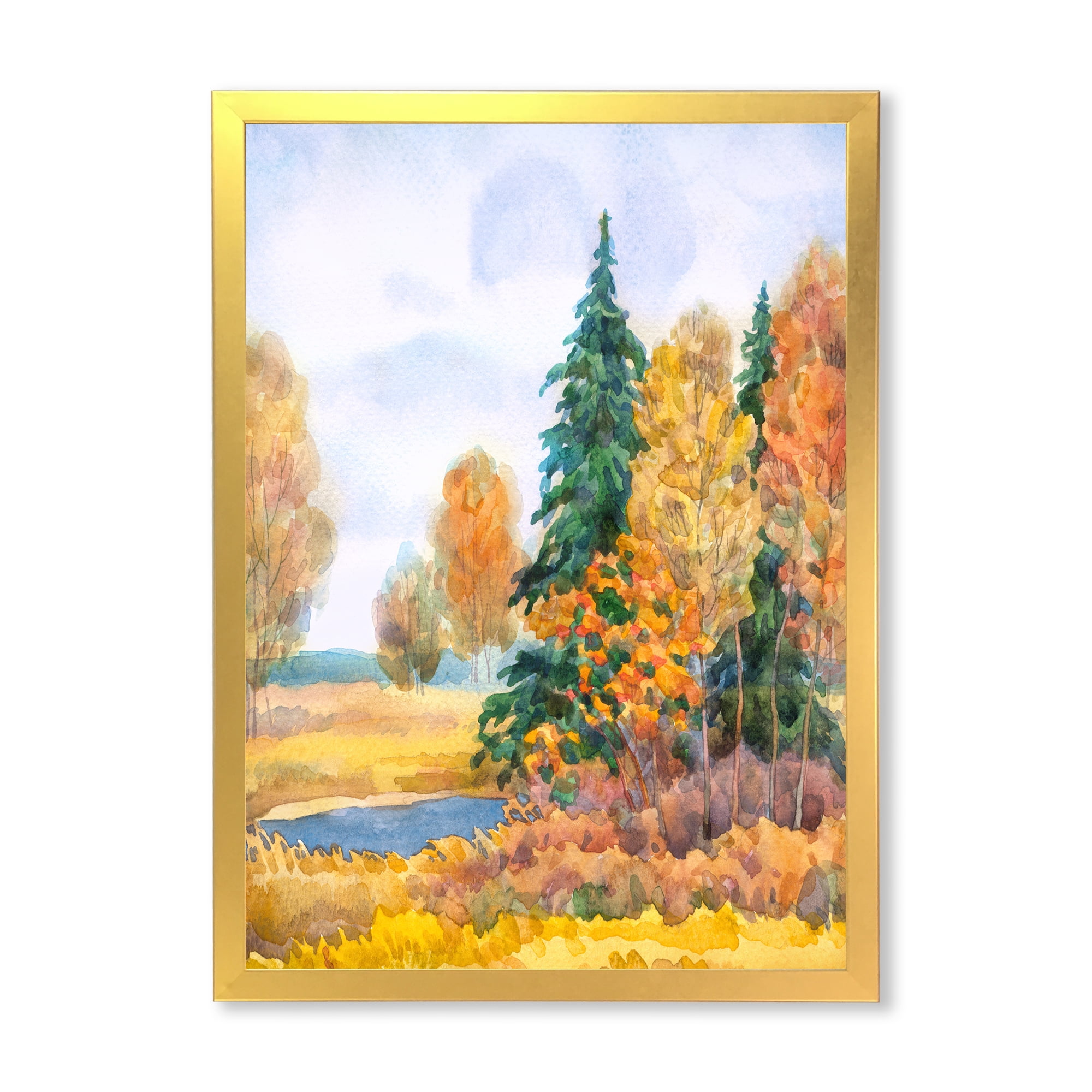 Designart 'Autumn Forest By The Lake Side V' Lake House Framed Art Print