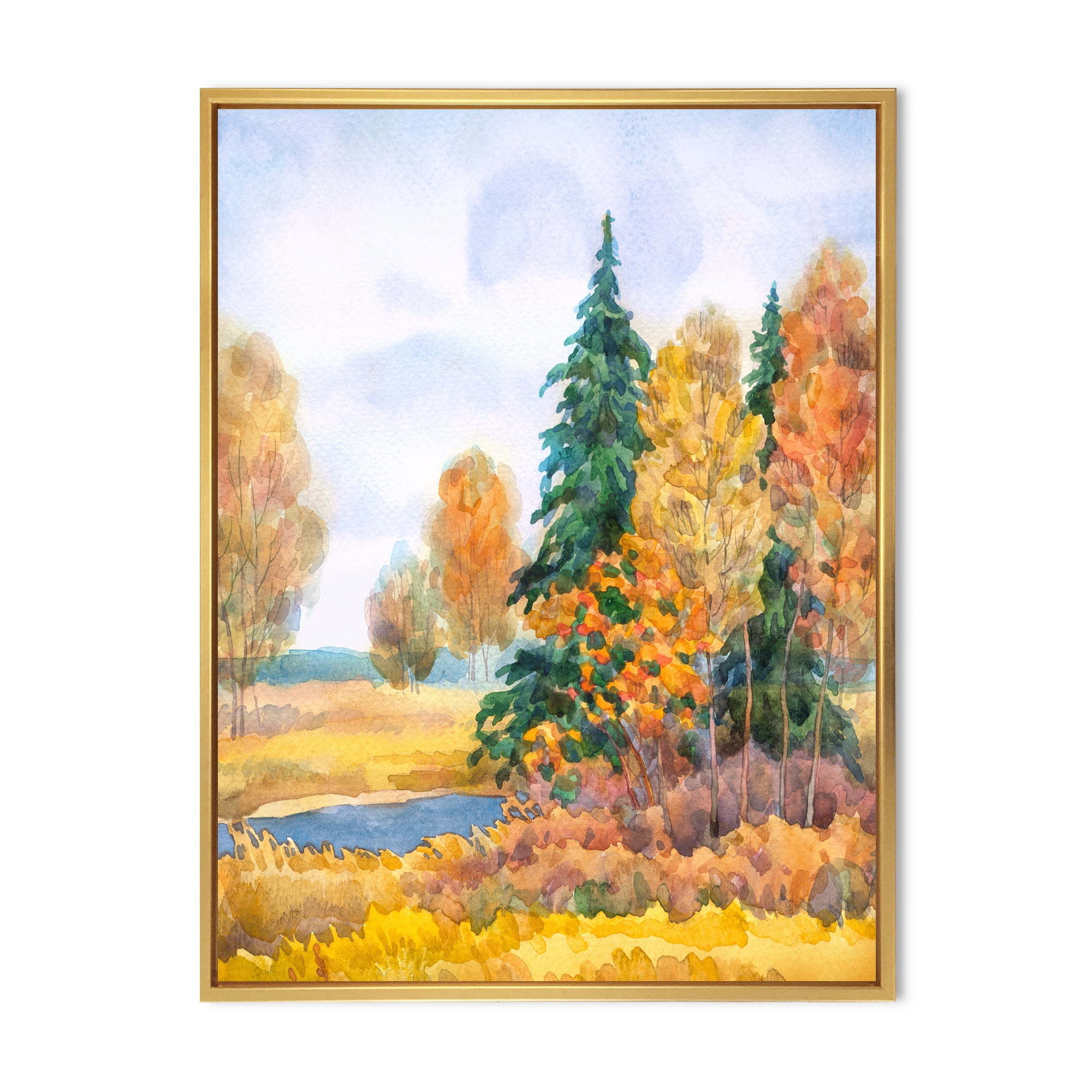 Designart 'Autumn Forest By The Lake Side V' Lake House Framed Canvas Wall Art Print