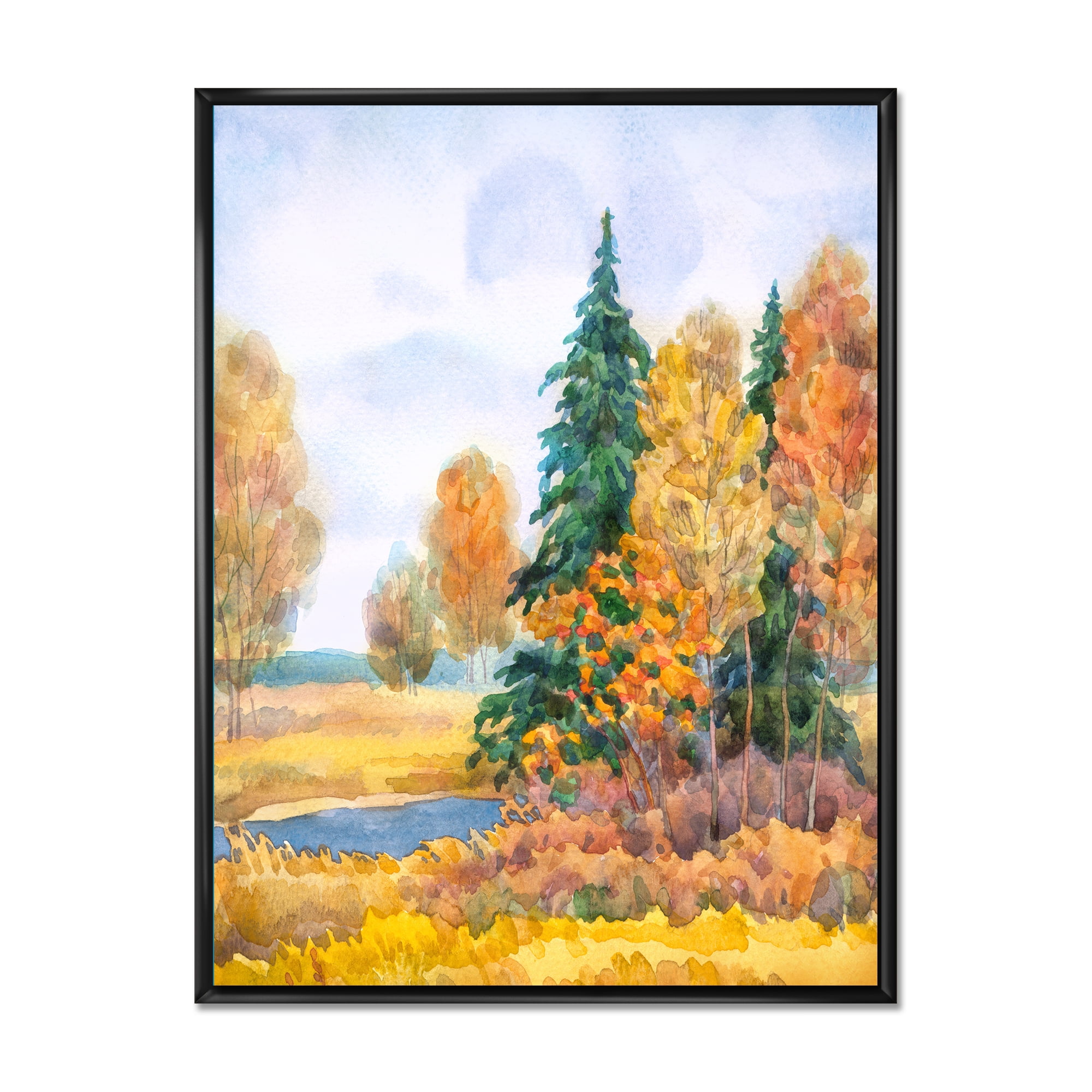 Designart 'Autumn Forest By The Lake Side V' Lake House Framed Canvas Wall Art Print